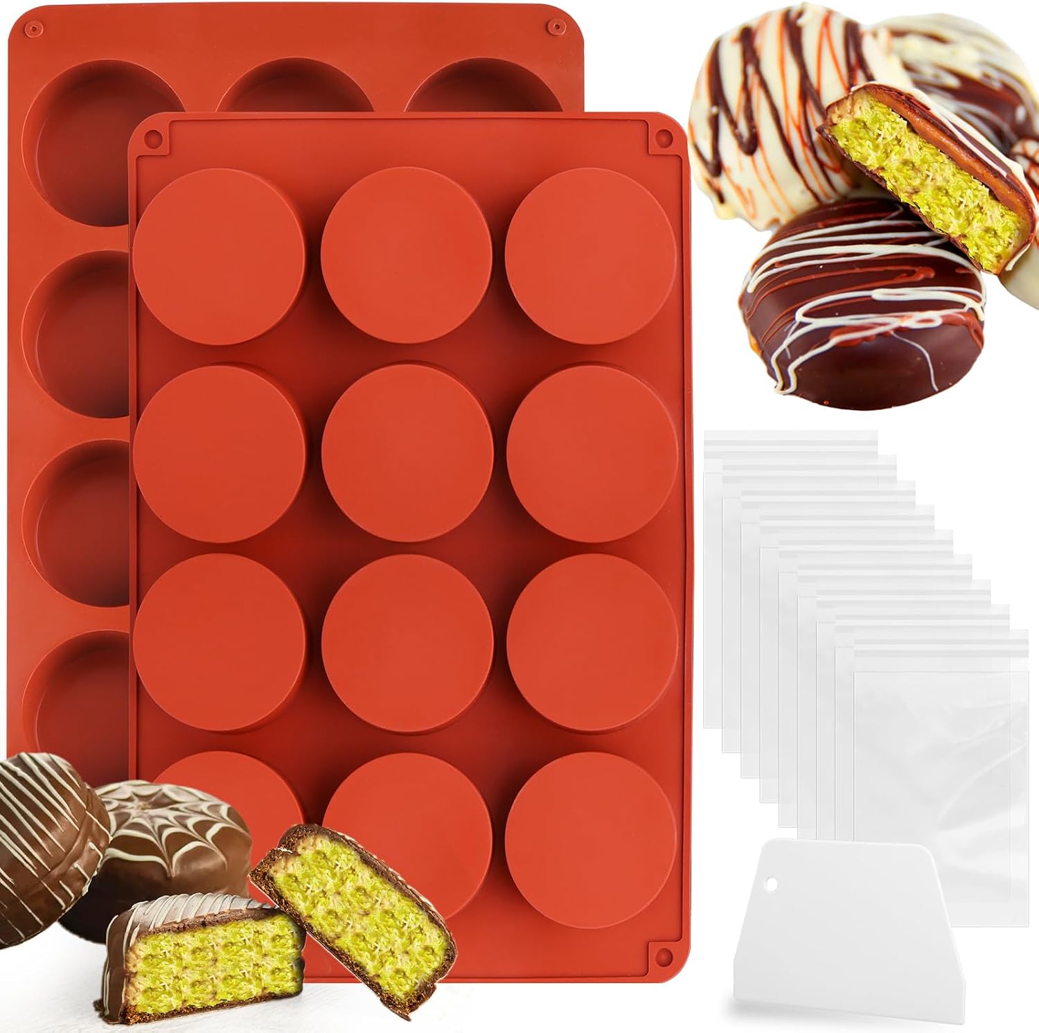 Mity rain Chocolate Bar Mold Deep, Silicone Dubai Chocolate Bar Pistachio Molds with Bags Scraper, Round Fix Chocolate Bar Dubai Candy Bar Mold for Filling Knafeh Pistachio Cream(2pc)