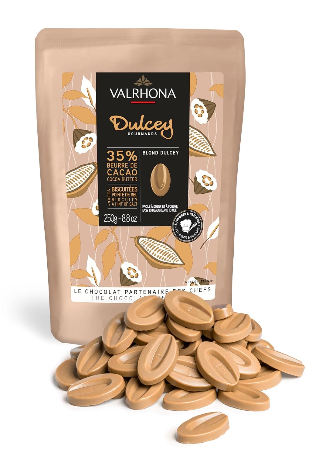 Valrhona Premium French Baking Blonde Chocolate Discs (Feves). DULCEY 35% Cacao. Creamy, Caramel Cookie Flavor Notes. Easy Melt & Tempering. Creamy, Balanced, For Luscious Frostings. 250g (Pack of 1)