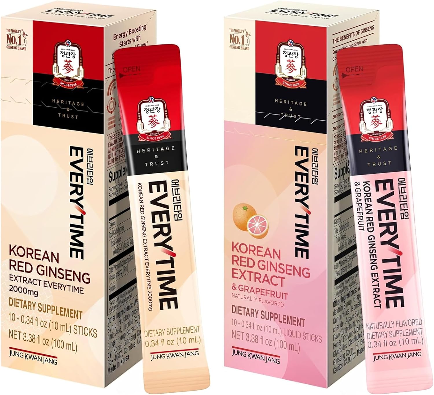 JUNG KWAN JANG Everytime Korean Red Ginseng Liquid Stick Bundle – 2,000mg Red Ginseng Extract with Propolis + 1,000mg Red Ginseng & Grapefruit – Caffeine-Free (20 Sticks Total)