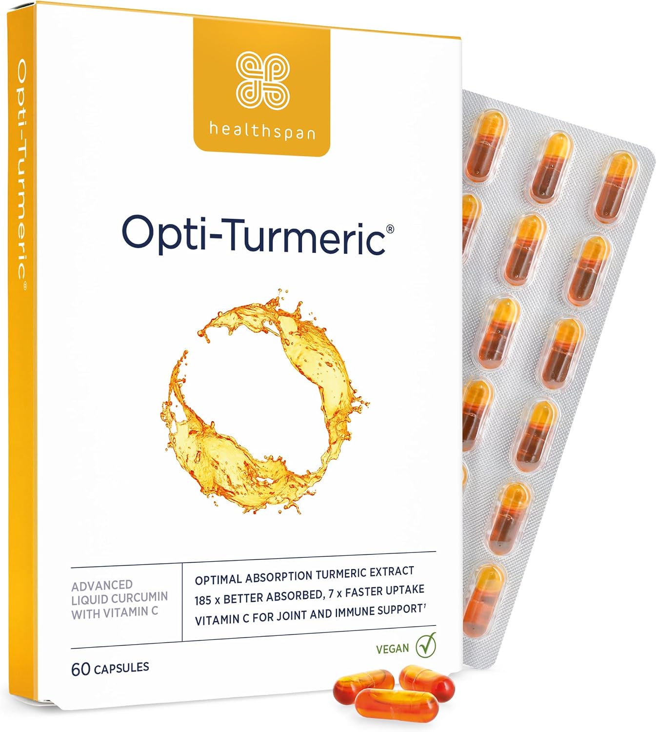Healthspan Opti-Turmeric 3700mg | Advanced Liquid NovaSOL Curcumin | 185x Better Absorbed & 7X Faster Acting Than Standard Turmeric | Supports Cartilage Formation | Immune Health (60 Capsules)