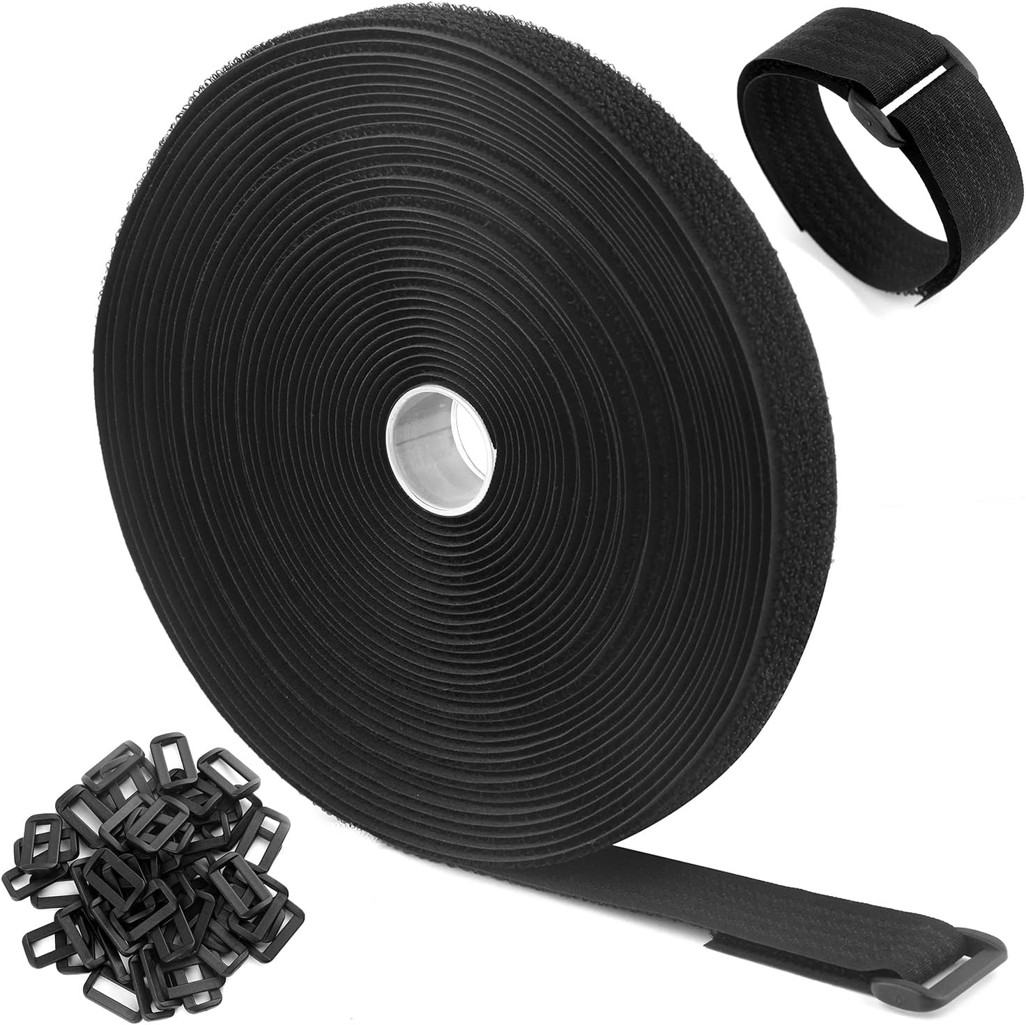 32Ft x 0.8In Adjustable Cable Straps with 50 Buckles, Free Cut Length, Black Reusable Fastening Cable Ties, Hook and Loop Securing Strap for Cable Tidy, Wire Management, Cord Organiser