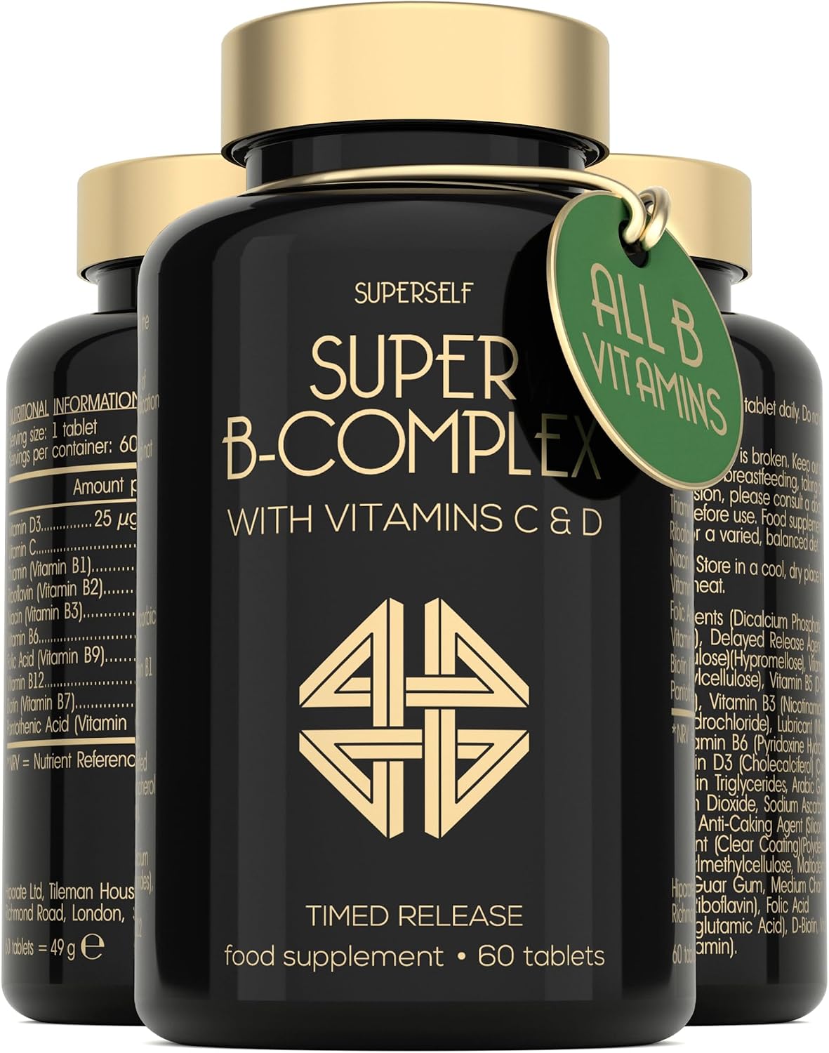 Vitamin B Complex High Strength - Slow Release Super B Complex 60 Tablets - Enriched with Vitamins D & C - Complete Vit B Supplement All 8 Vitamin B12, B6, Folic Acid, Biotin, B1, B2, B3, B5 - UK Made