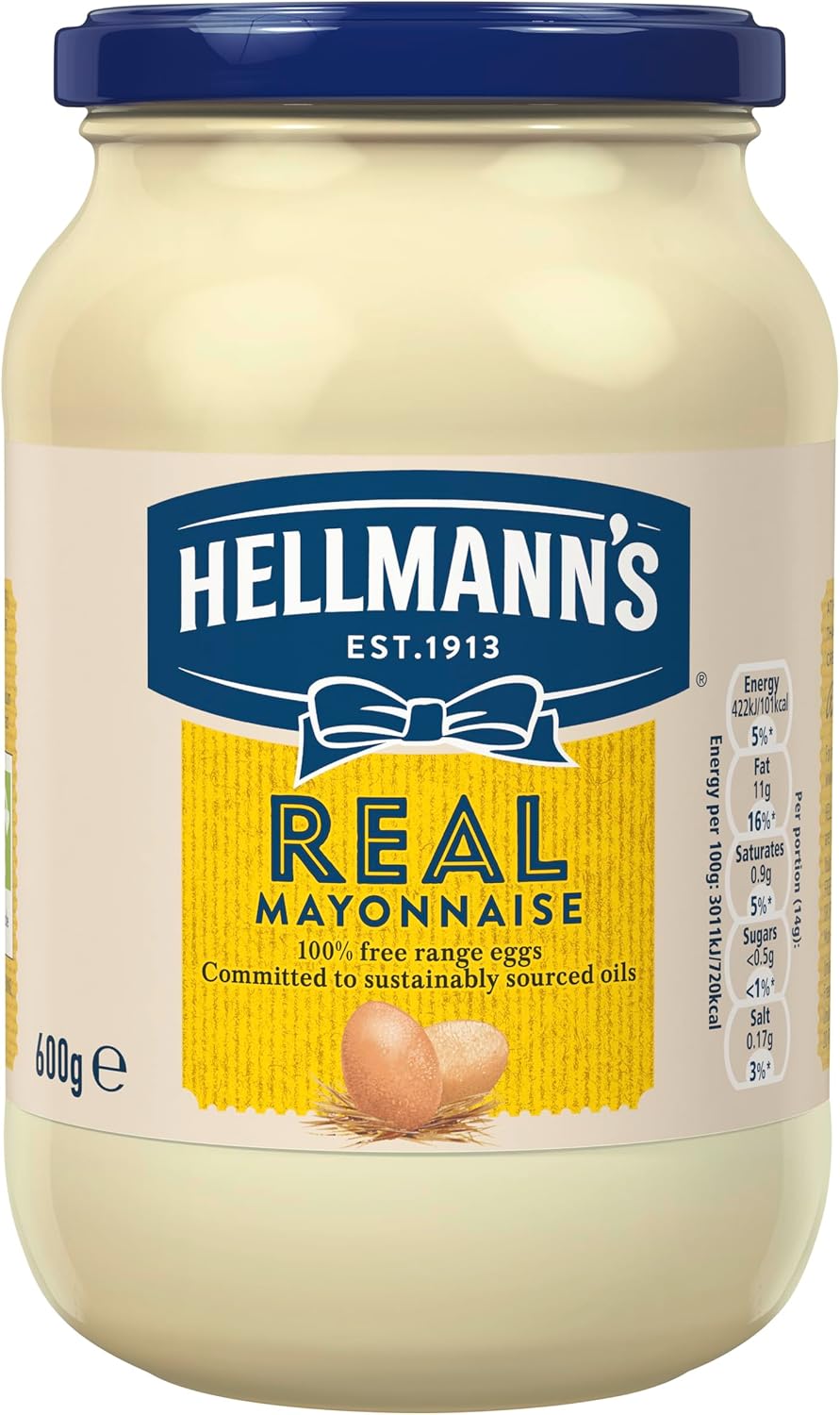 Hellmann's Real Mayonnaise with 100% free-range eggs and sustainably sourced oils for fries, burgers, and salads 600 g