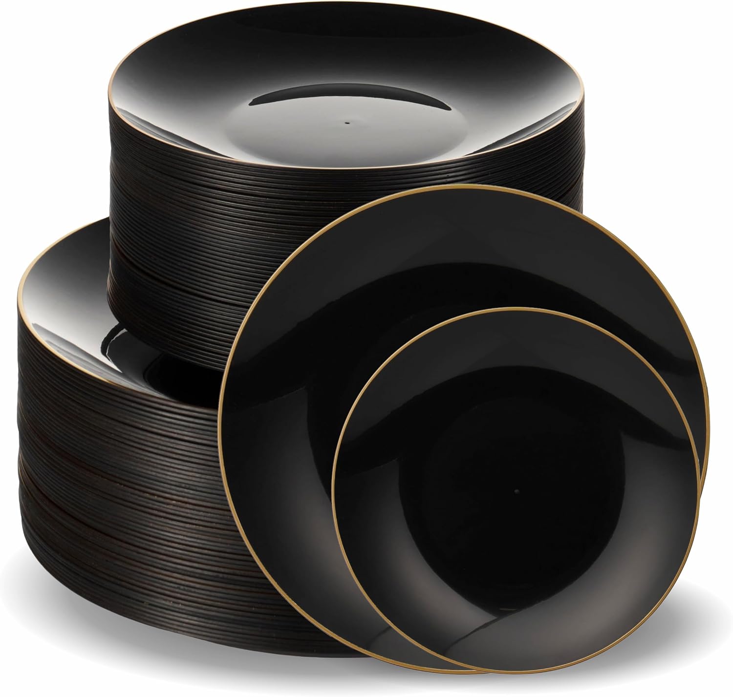 100 PCS Disposable Plastic Black Plates Combo | 50 7.5 In. Gold Rim Appetizer/Dessert Plastic Plates And 50 10 In. Gold Rim Plastic Dinner Plates | Heavy Duty Plates For Wedding, Parties Or Catering