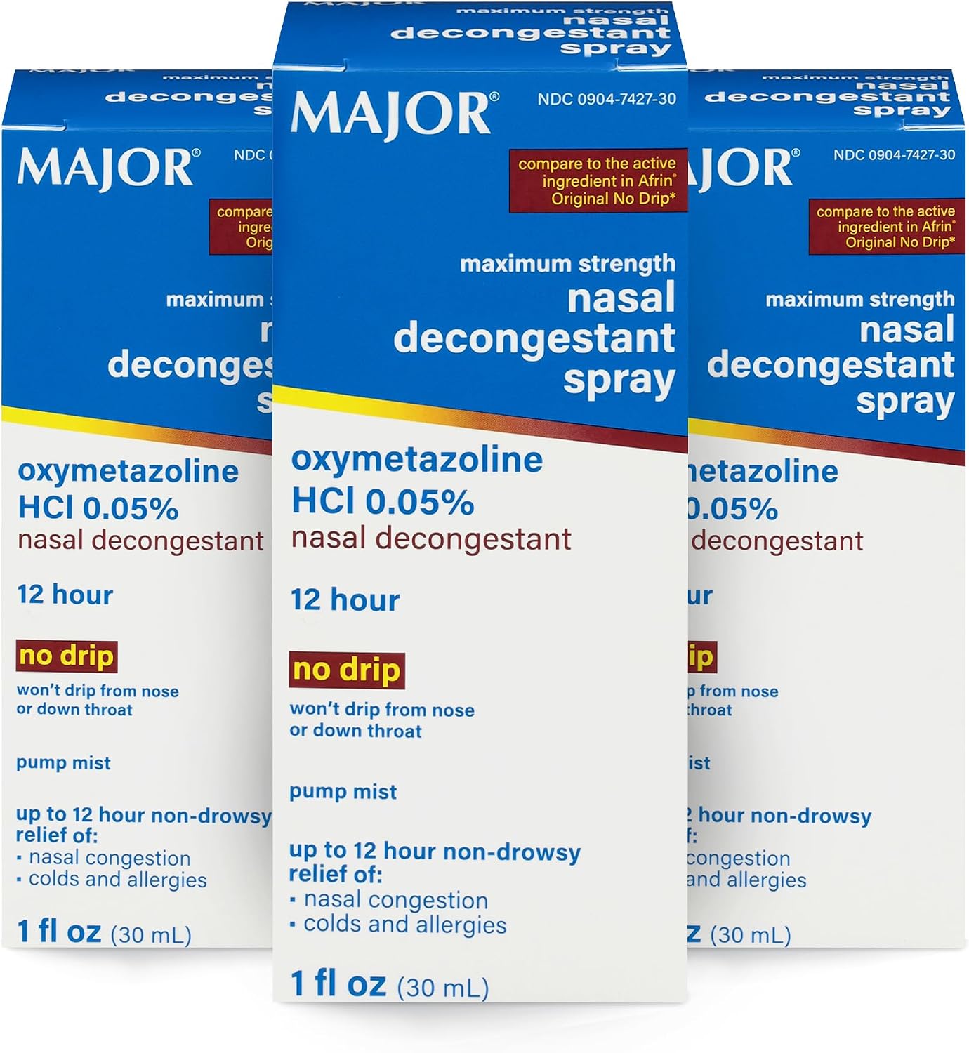 MAJOR Maximum Strength Nasal Decongestant Spray 0.05%, 1 Fl Oz, (3-Pack)