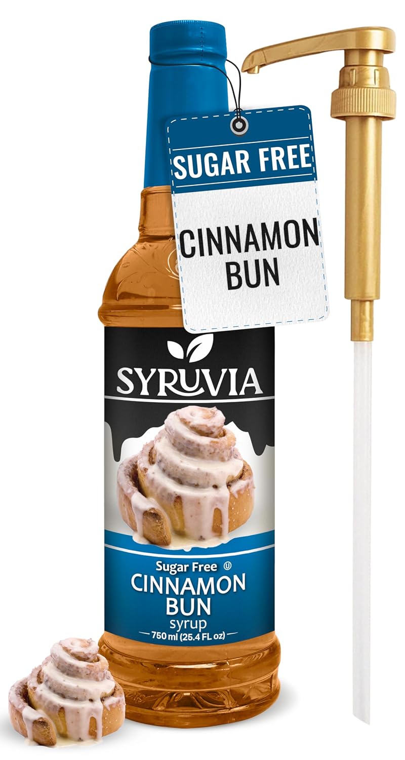 Syruvia Sugar-Free Cinnamon Bun Coffee Syrup - 25.4 fl oz - 0 Calorie - Kosher Coffee Syrups, Gluten Free, Perfect for Drinks, Soda, Shakes, and More With Pump