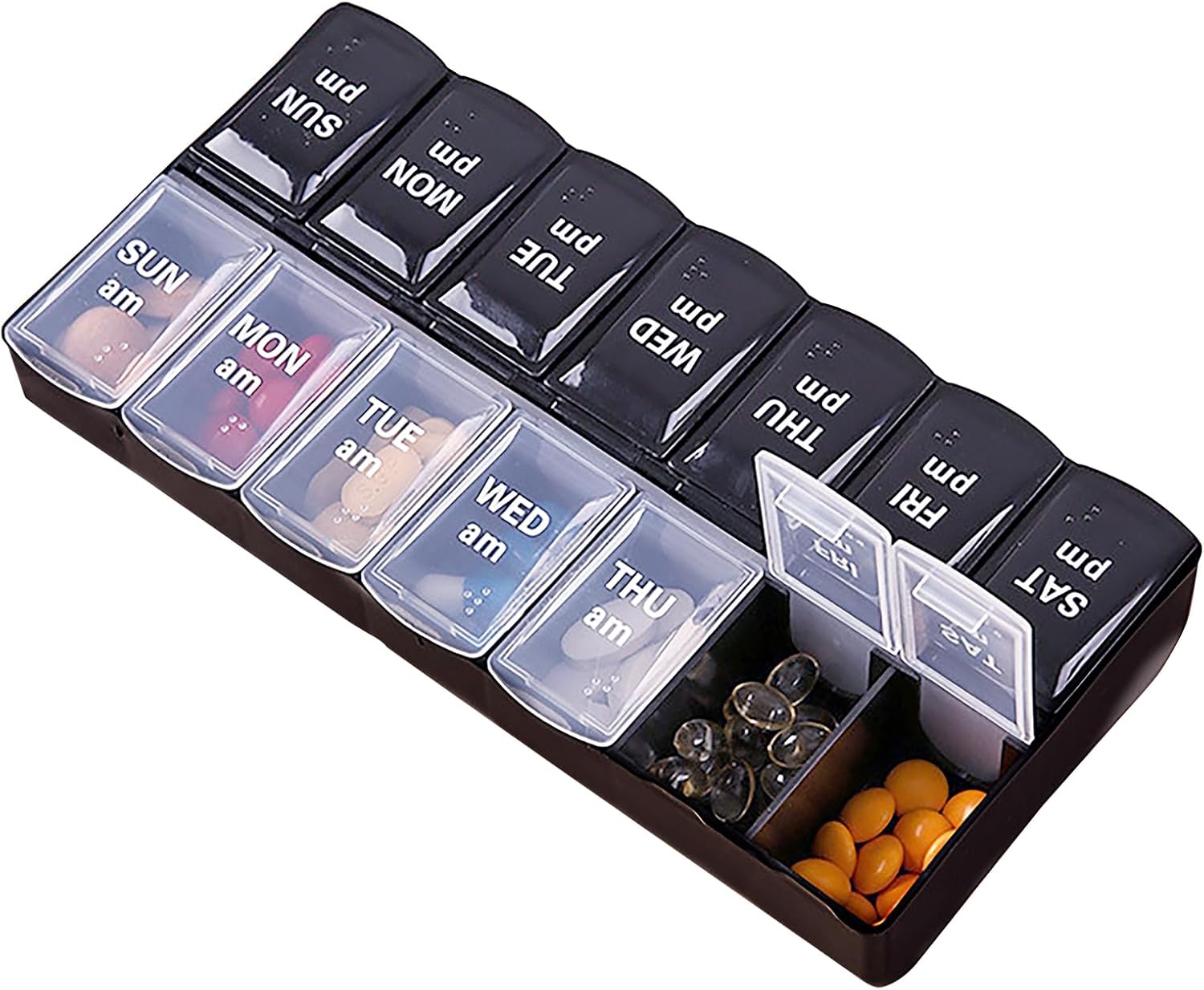 WOLMIK Weekly Pill Organiser with Am/Pm Compartments, Tablet Storage Box, Travel Pill Boxes, BPA-Free Medication Organizer, Easy to Open Daily Pill Case to Hold Vitamins, Cod Liver Oil and Medication
