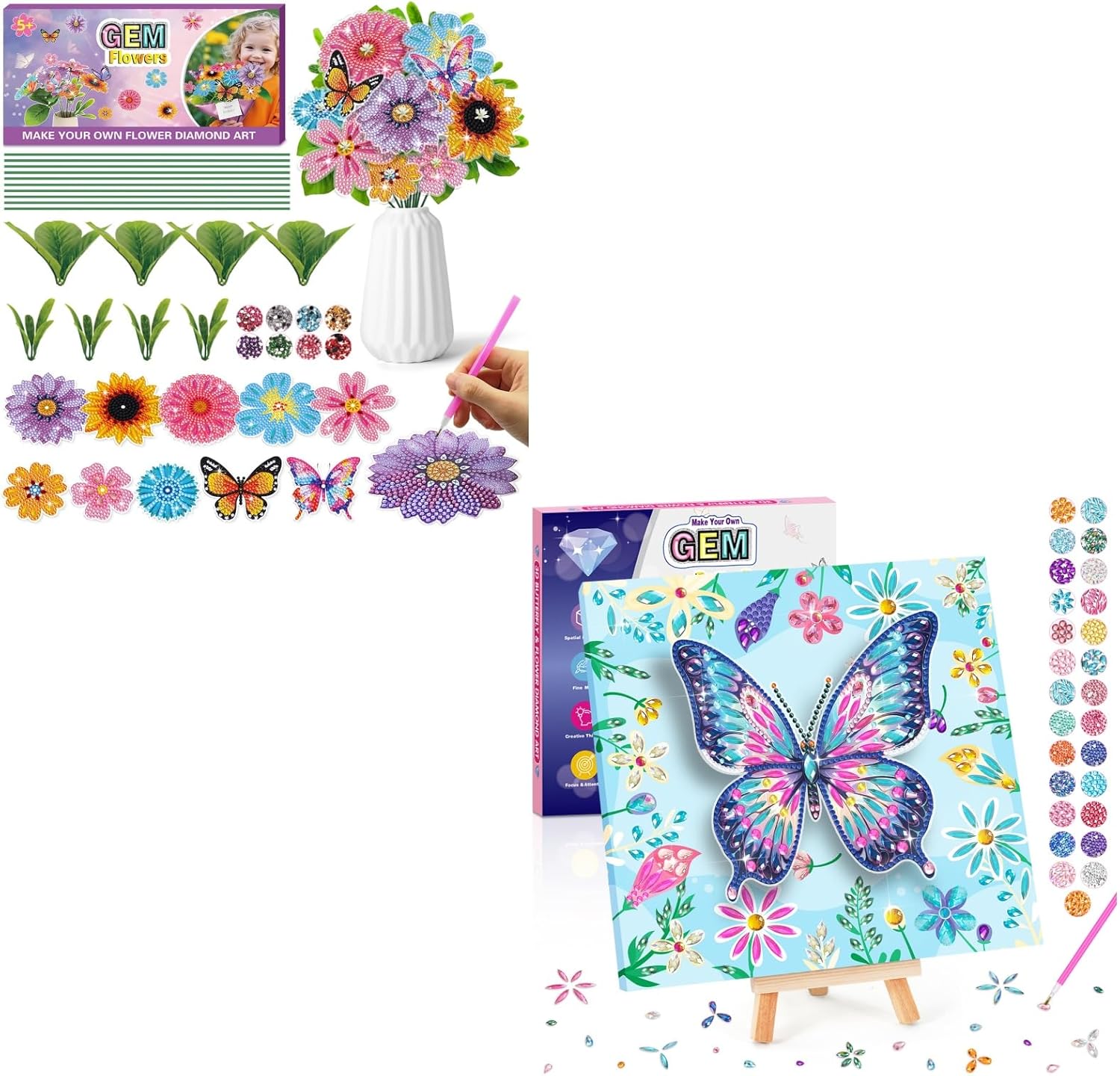 Make Your Own GEM Art Flower Bouquet - Diamond Art Kits for Kids with Wooden Frame - Arts and Crafts for Kids Ages 8-12 - 5D Dimond Art Paintings - 4 5 6 10 Year Old Girl Boy Birthday Gift Home Decor