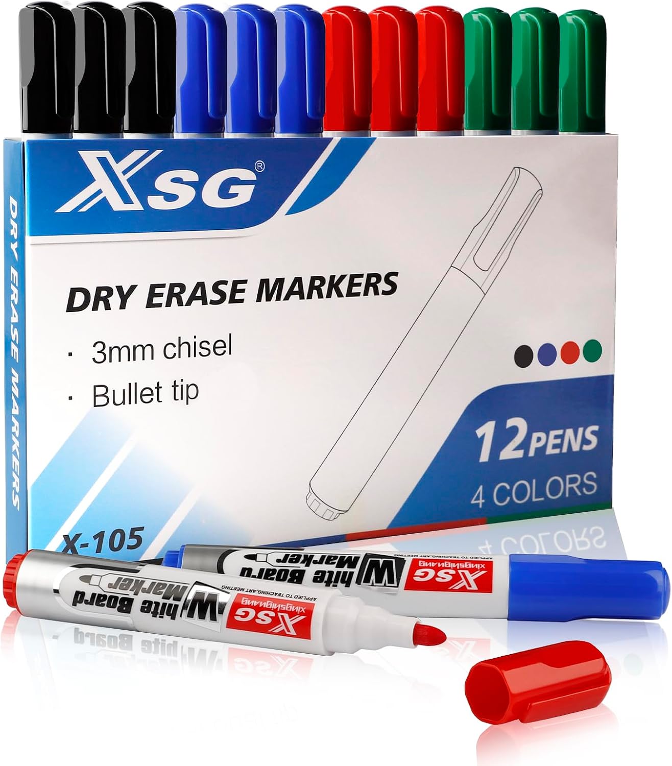 ABEIER XSG Whiteboard Pens Markers, 4 Assorted Colors Dry Erase Markers, Home Office School Supplies, Bullet Tip Low Odour (Pack of 12)