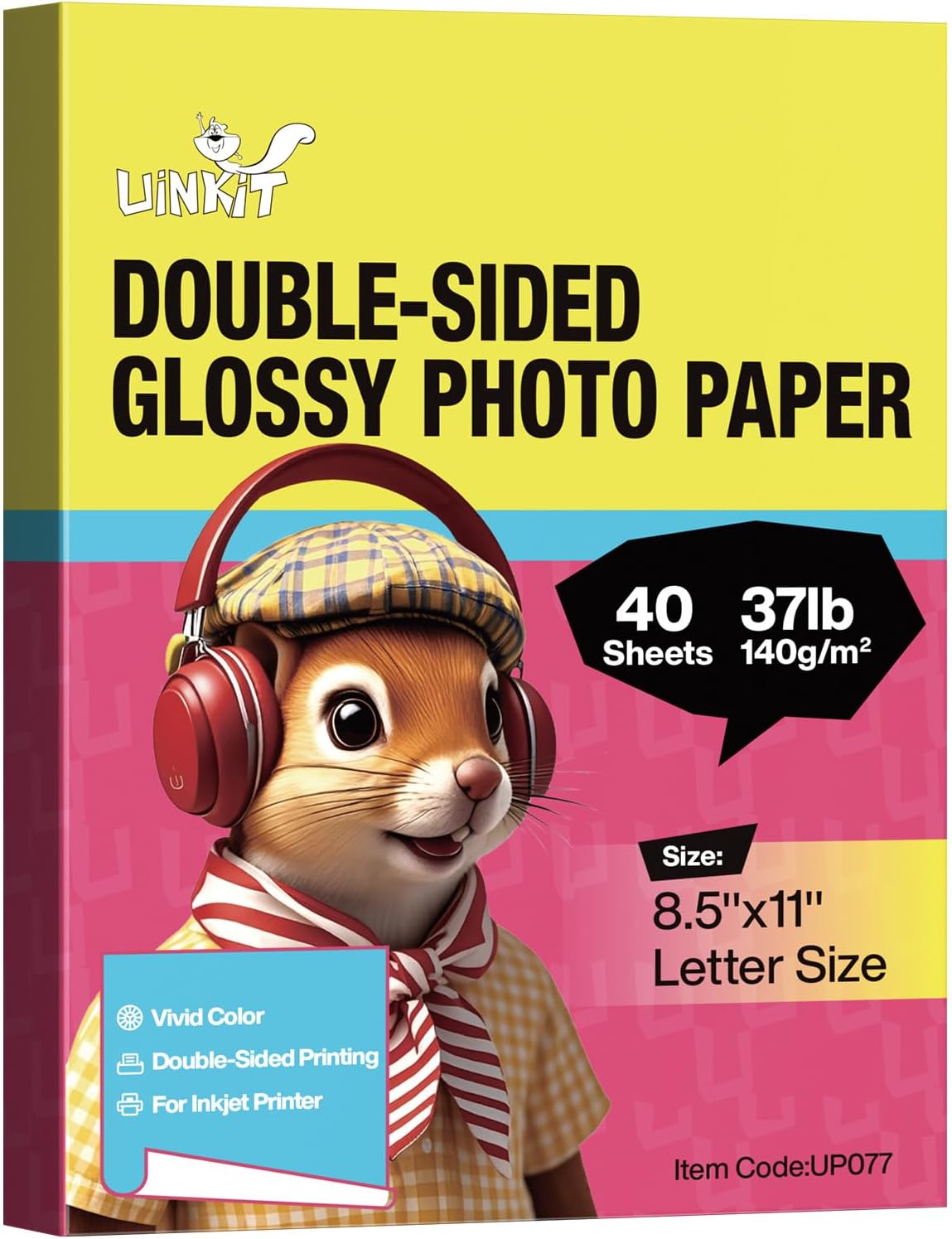 Uinkit Photo Paper Glossy Double Sided 8.5x11 Inkjet 37lb 140gsm Dye ink Thin Photo Picture Flyer Calendar Magazine CD Cover letter (40, 8.5 x 11 x Glossy)