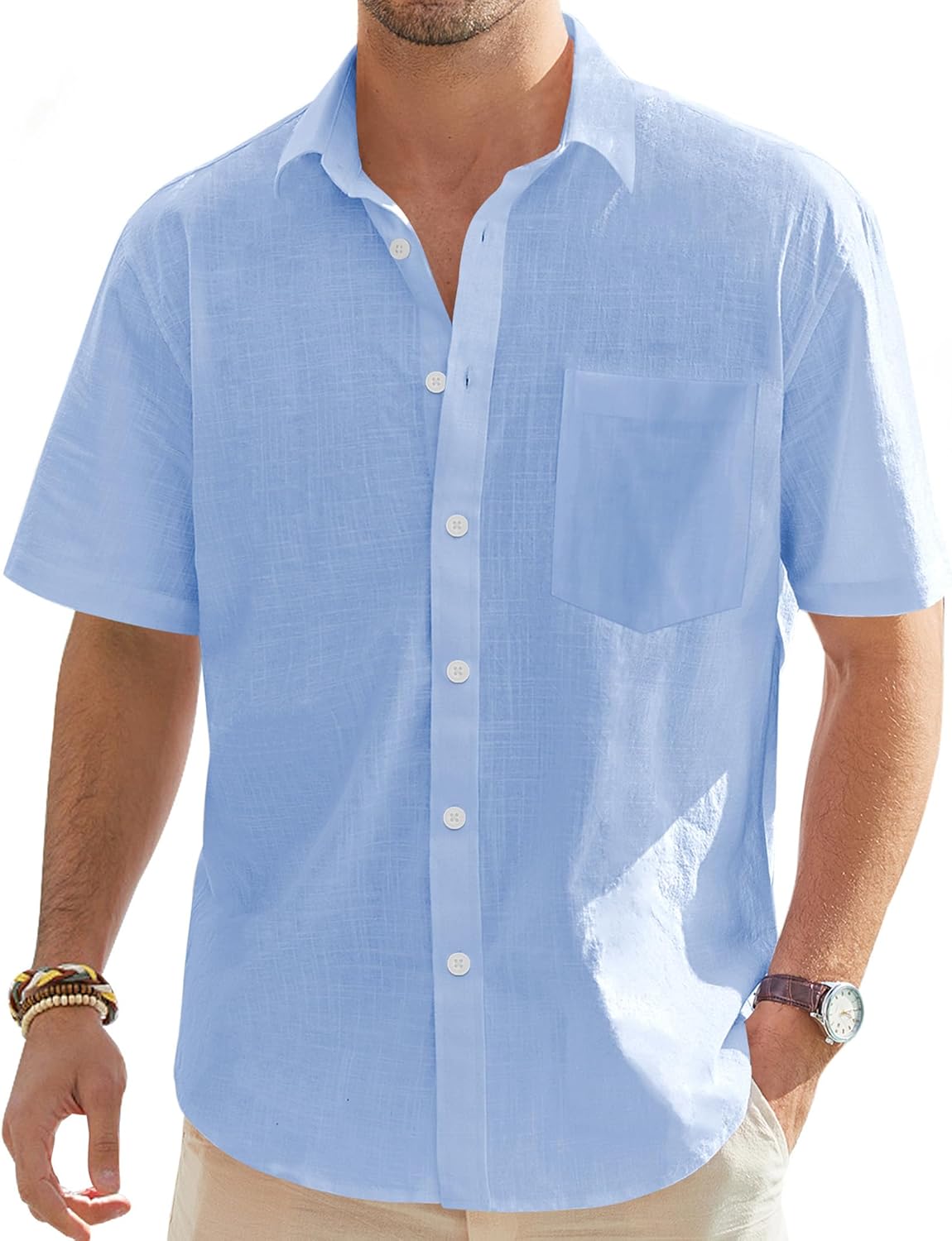 J.VER Men's Short Sleeve Linen Shirt Regular Fit Casual Summer Beach Shirt with Pocket