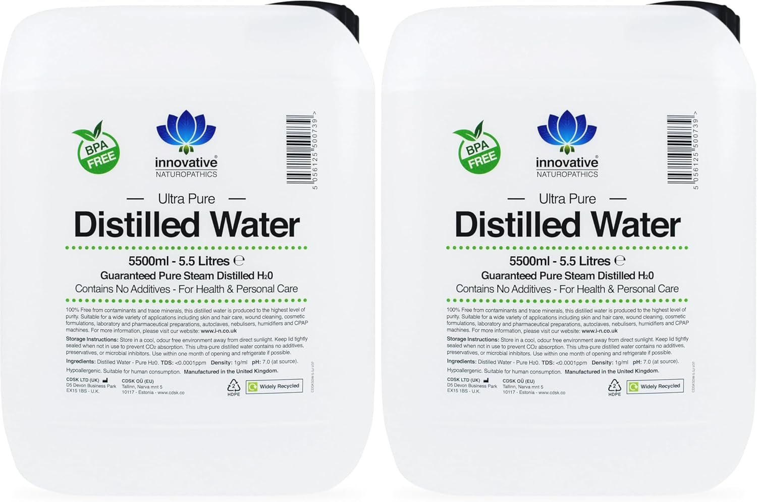 Distilled Water - 5.5 Litres - Ultra Pure Water (Pack of 2)