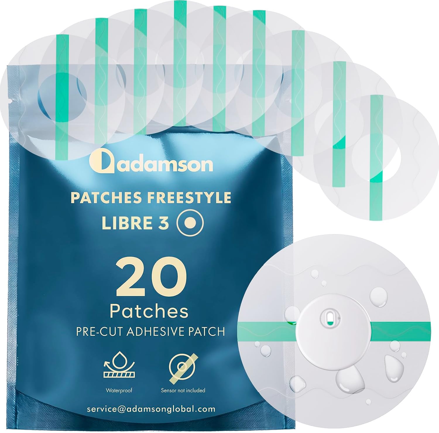Freestyle Libre 3 Sensor Covers Waterproof – 20 Libre 3 Patches, Transparent, Long-Lasting, No Glue on Center, Non-Irritating, Easy to Apply and Remove – Ideal for Sports, Swimming, and Daily Use