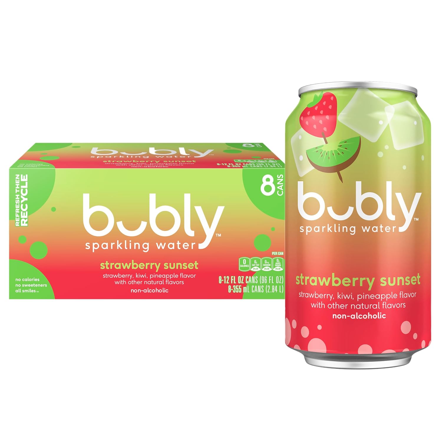 bubly Sparkling Water, Strawberry Sunset, 12 Fl Oz Cans (8 Pack)