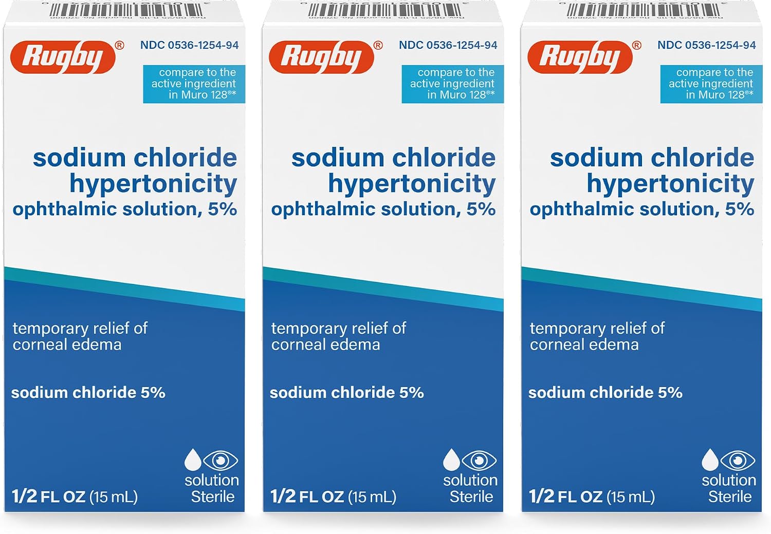 Rugby Sodium Chloride Hypertonicity Ophthalmic Eye Solution 5% - Sodium Chloride Eye Drops for Temporary Corneal Edema Symptom Support - Alcohol-Free - 0.5 Fl. Oz. (3-Pack)