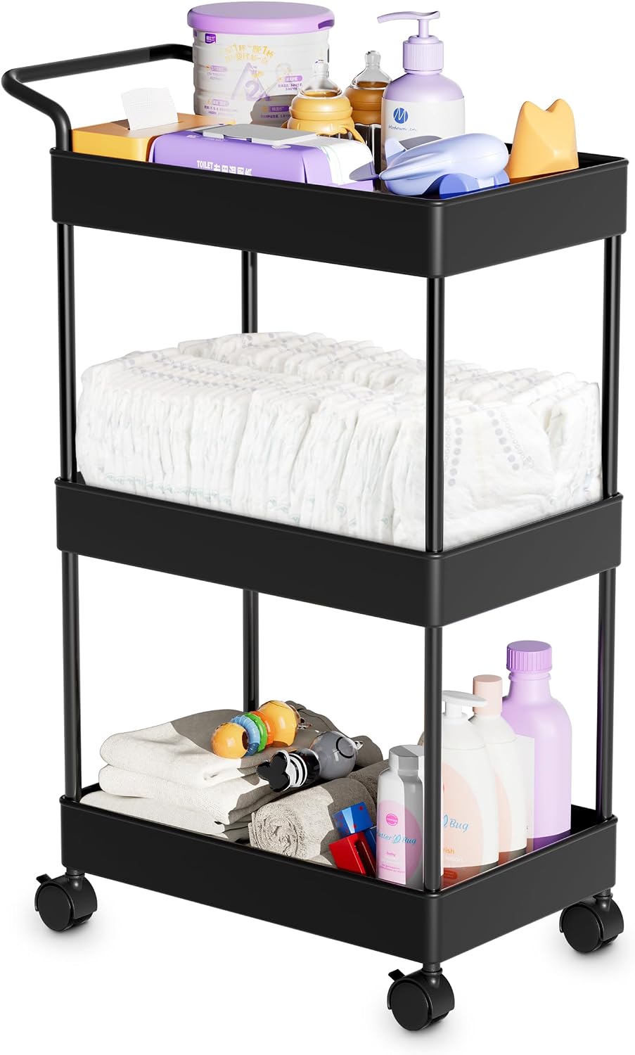 Baby Diaper Caddy, Plastic Movable Cart for Newborn Nursery Essentials Diaper Storage Caddy Organizer for Changing Table & Crib, Easy to Assemble, Black