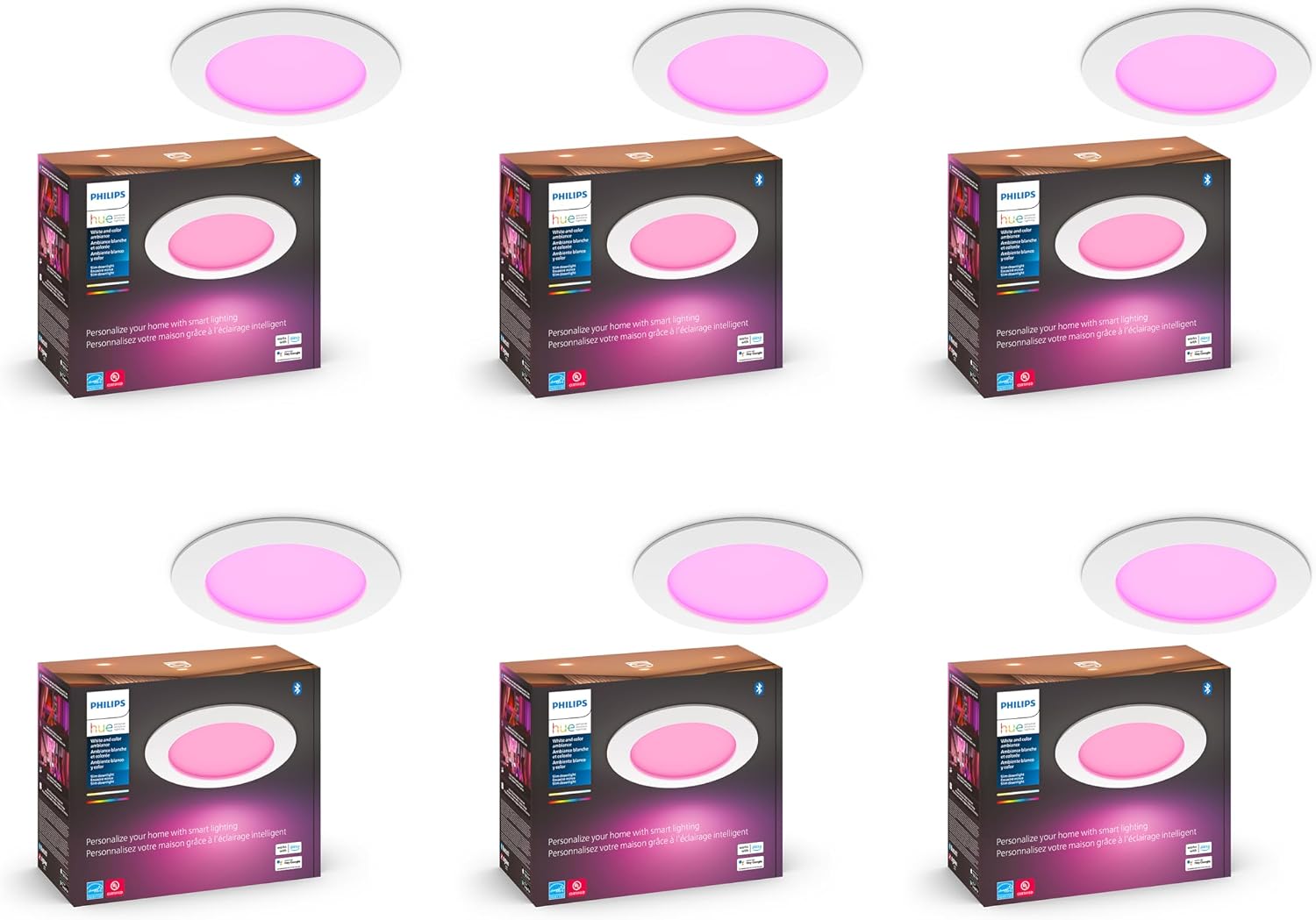 Philips Hue Smart Slim 6 Inch LED Downlight - White and Color Ambiance Color-Changing Light - 6 Pack - 1200LM - Indoor - Use with Hue App - Compatible with Alexa Google Assistant and Apple Homekit