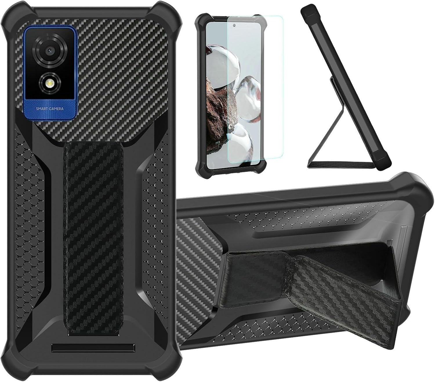 Aroepurt Case Compatible for Tcl 501 Phone Case Cover [with Tempered Glass Screen Protector] Hybrid Case [Folding Support Magnetic] [Frosted anti-fingerprint] Black