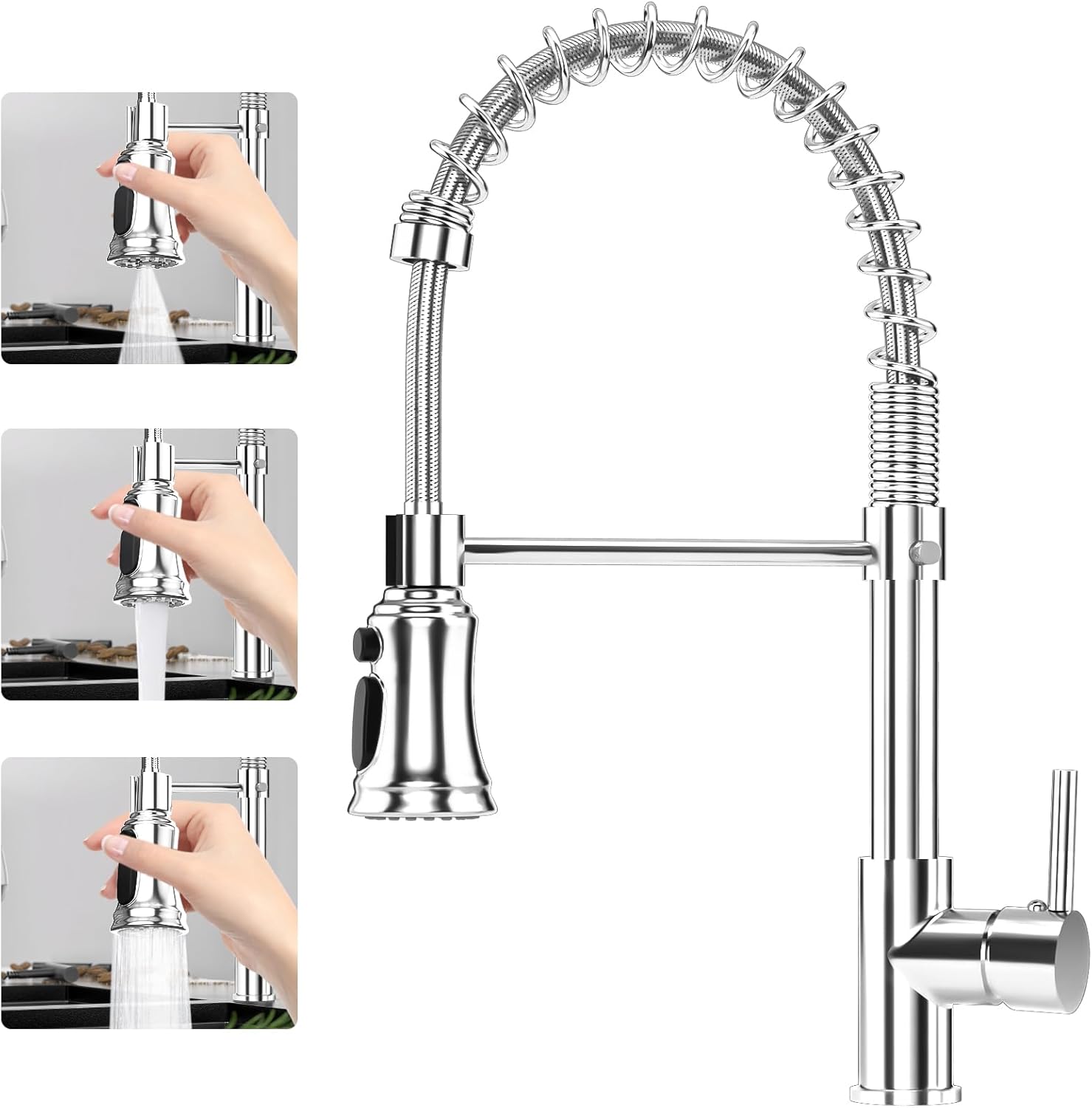 Hanviter Pull Out Kitchen Tap: 360° Swivel 3 Spray Modes Kitchen Mixer Tap, Commercial Sink Mixer Tap Single Handle Kitchen Taps, Cold and Hot Mixer Kitchen Sink Taps with Standard Fittings (Chrome)