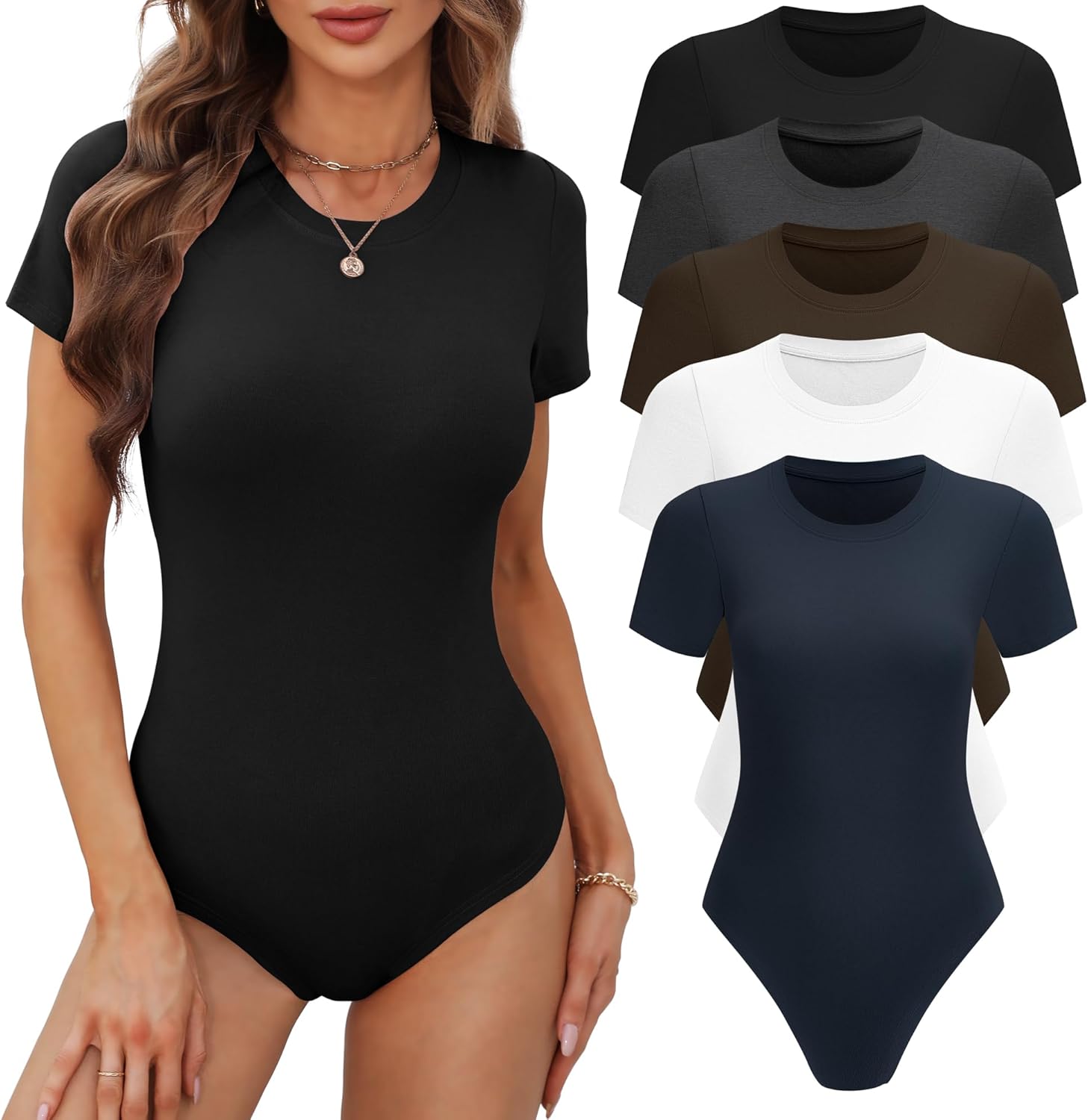 BALENNZ Women's 4/5 Pack Short Sleeve Round Neck Bodysuit Tops Crew Neck Basic Casual Tshirt Bodysuits, 5 Pack Black,white,dark Grey,navy,coffee, Medium