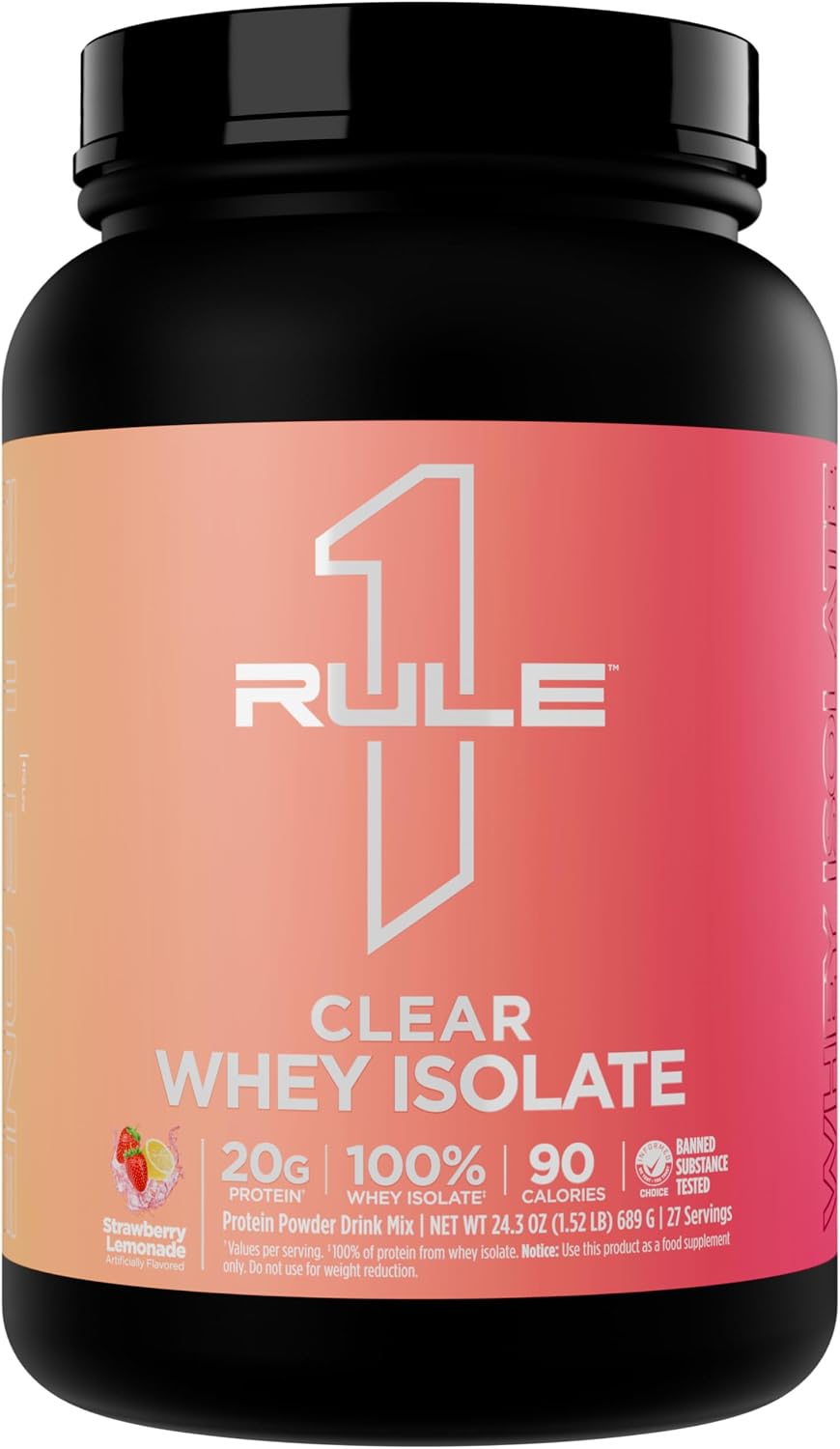 Rule 1 Proteins Clear Whey Isolate, Strawberry Lemonade, 27 Servings | 20g All-Whey Isolate Protein Mix, Over 9g EAAs, 90 Calories, Zero Sugar, Easy to Digest, Light, Crisp, and Refreshing Taste