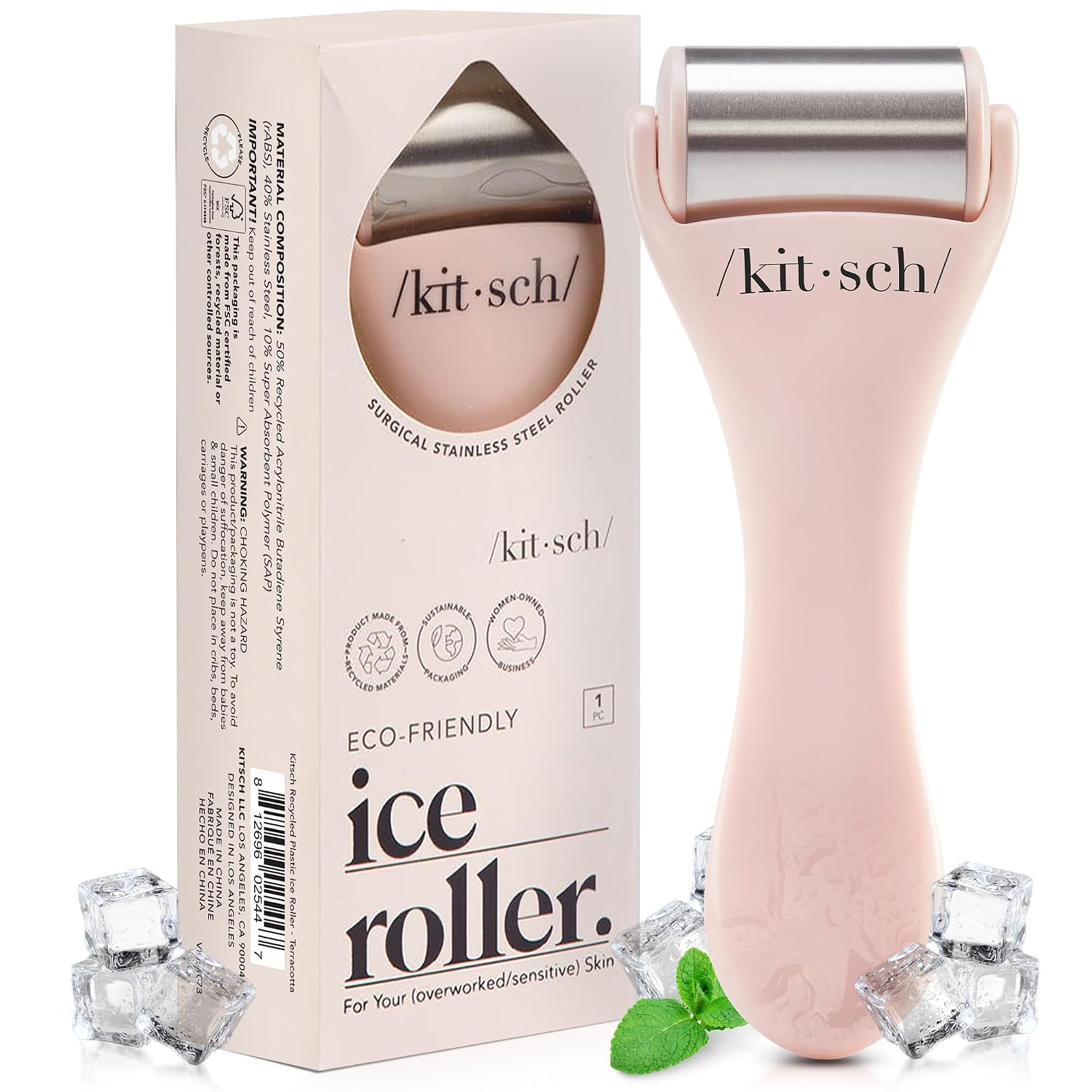 Kitsch Ice Roller for Face – Stainless Steel Face Ice Roller to Reduce Puffiness, Redness & Headaches – Cooling Facial Roller for Skin Care, Irritation Relief & Spa-Like Experience at Home - Pink