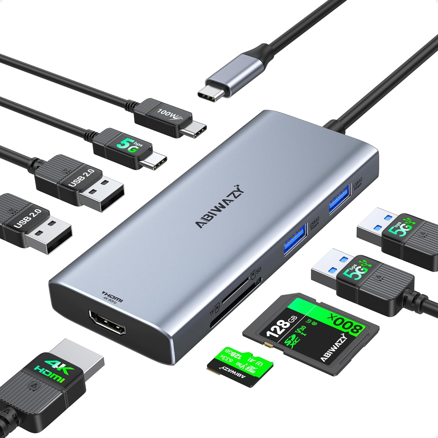 USB C Hub Multiport Adapter for MacBook Pro/Air, 9 in 1 USB C Dongle Dock Mac HDMI Adapter Compatible for iPad Pro,iMac,Dell XPS,Thinkpad(4K@60Hz HDMI,SD/TF Card Reader,100W PD, 5 USB Ports)