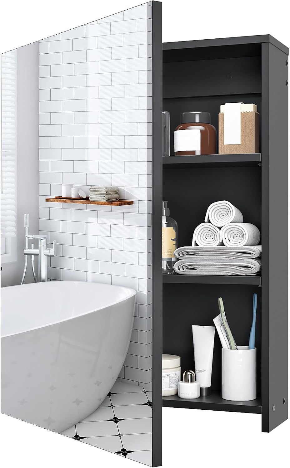 CHOEZON Bathroom Medicine Mirror Cabinet, 17.7'' x 23.6'', Wall-Mounted Bathroom Vanity with Mirror, Bathroom Medicine Cabinet with Storage Function, Hanging Storage Cabinet, Adjustable Shelves, Black