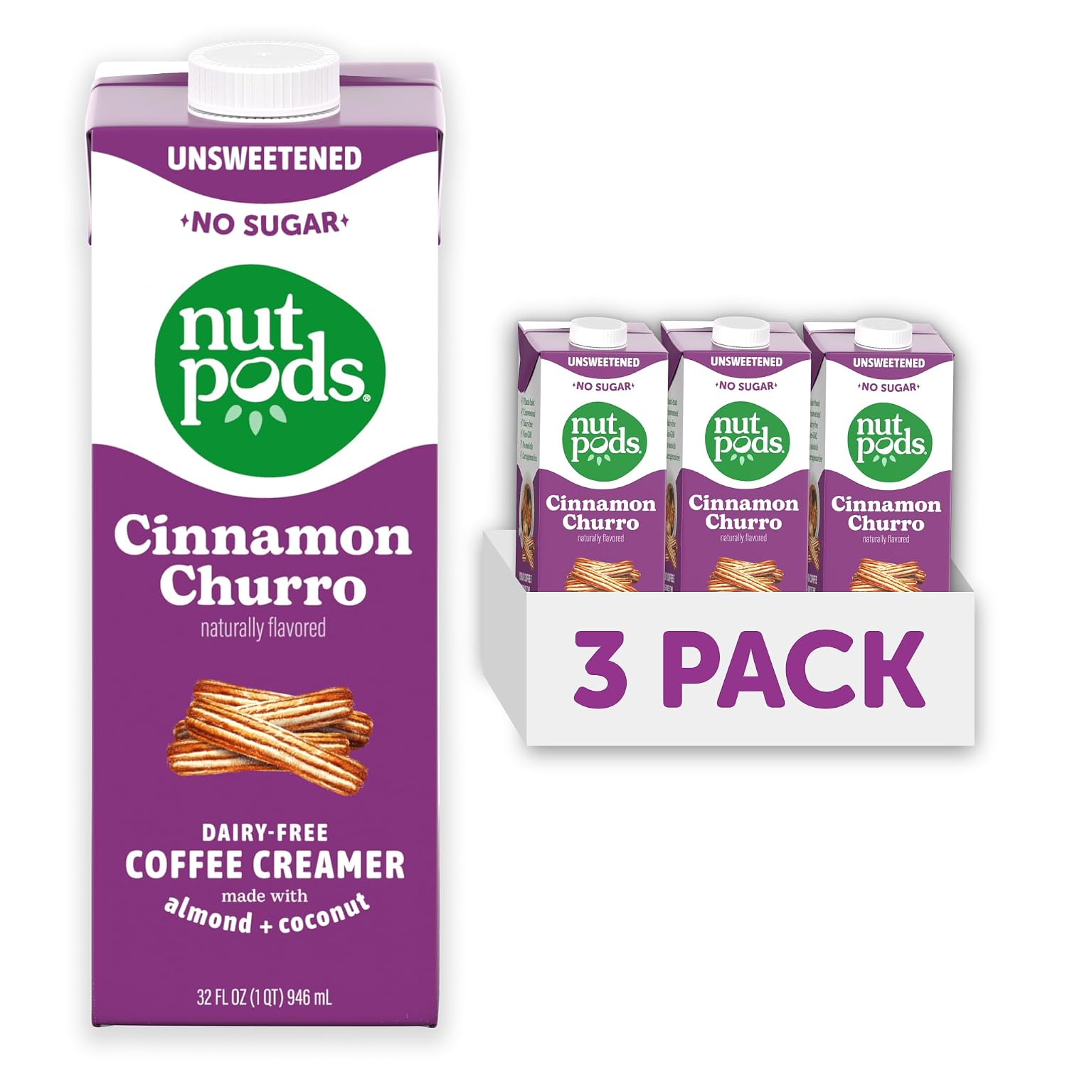 nutpods unsweetened Cinnamon Churro Dairy-Free Coffee Creamer - 32oz 3-Pack
