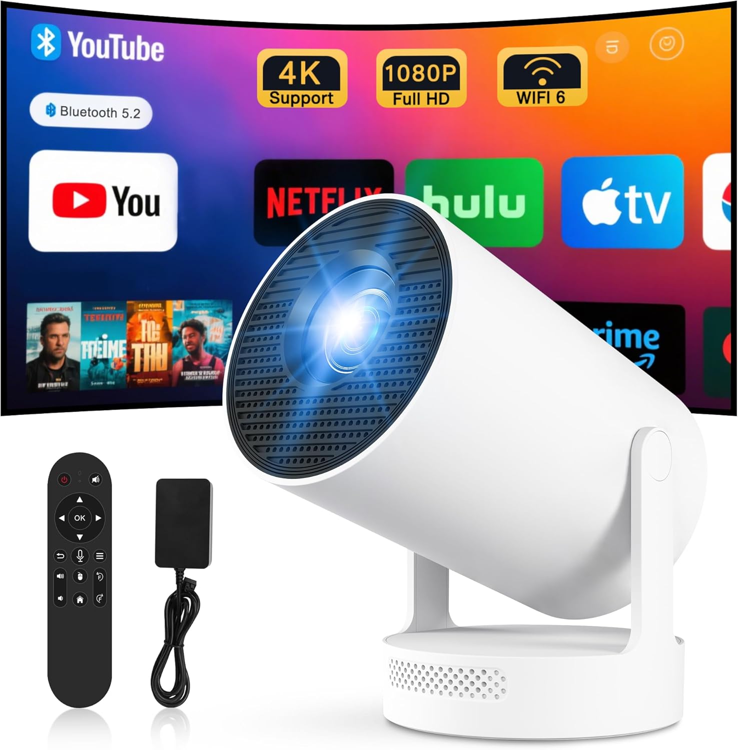 Mini Projector 4K Portable Projector WiFi 6 Android 11.1080P Full HD Support for Phone PC Lap Stick HDMI Home Theater External Speaker Electric Focus