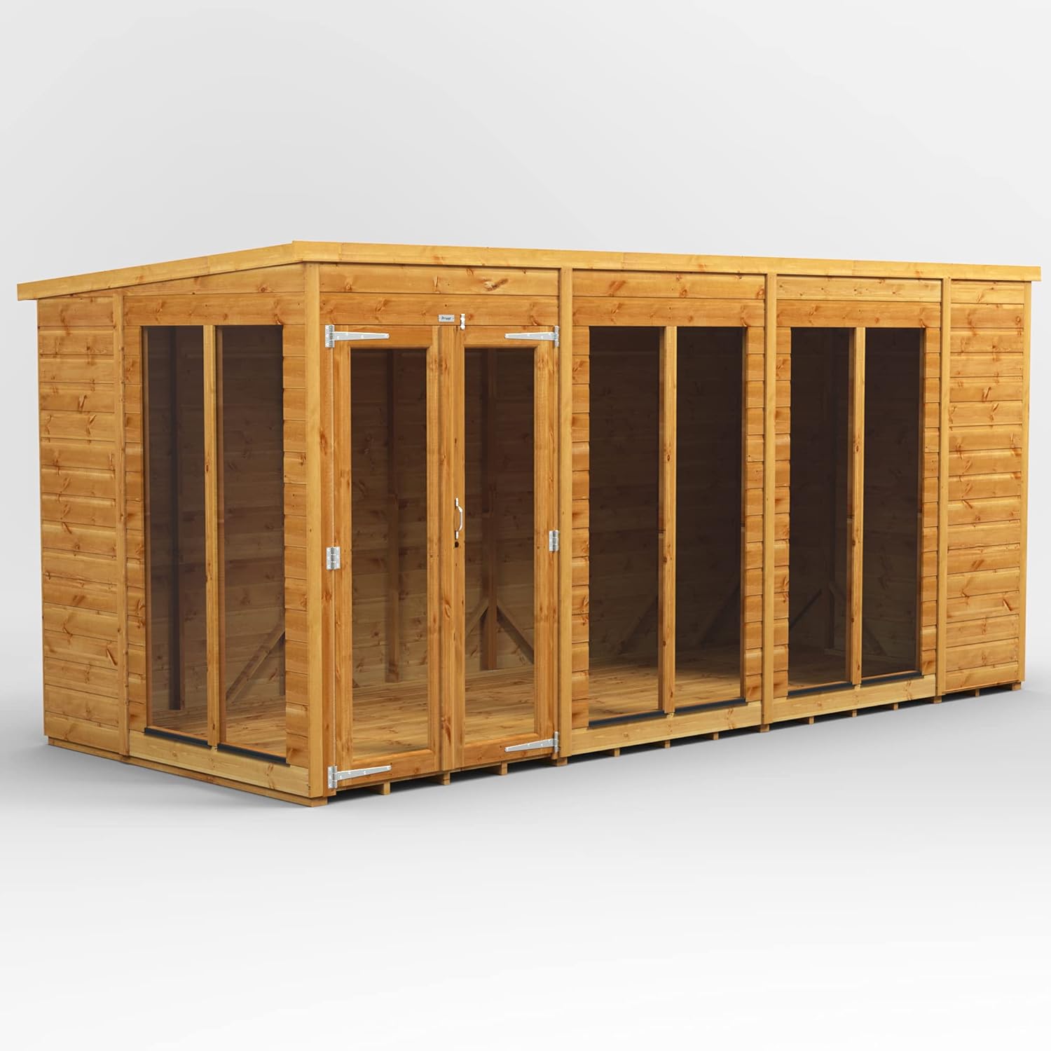 Powersheds High Grade Premium Pent Summer House Wooden Shed with PVC Window sills, Door & Window Flexibility, made from 12 mm Extra Thick Timber & Toughened Glass