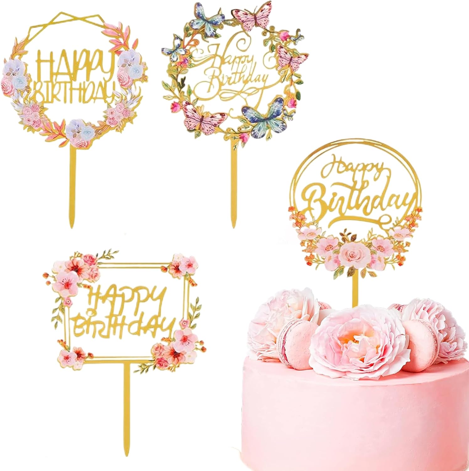 4 Pcs Happy Birthday Cake Decoration,Acrylic Flower Cake Toppers for Various Birthday Party Anniversary Cake Pastries Decorations (Gold)