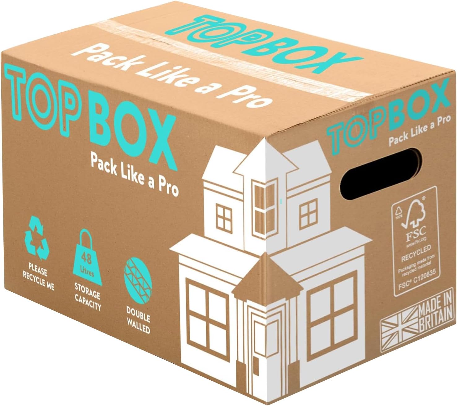 TOPBOX 10 Large Strong Moving Boxes – 48L Double Walled Cardboard Packing & Storage Boxes for Moving House, Shipping, Removal & Packaging | 53cm x 30cm x 30cm | Room Tick List, Handles & Recyclable
