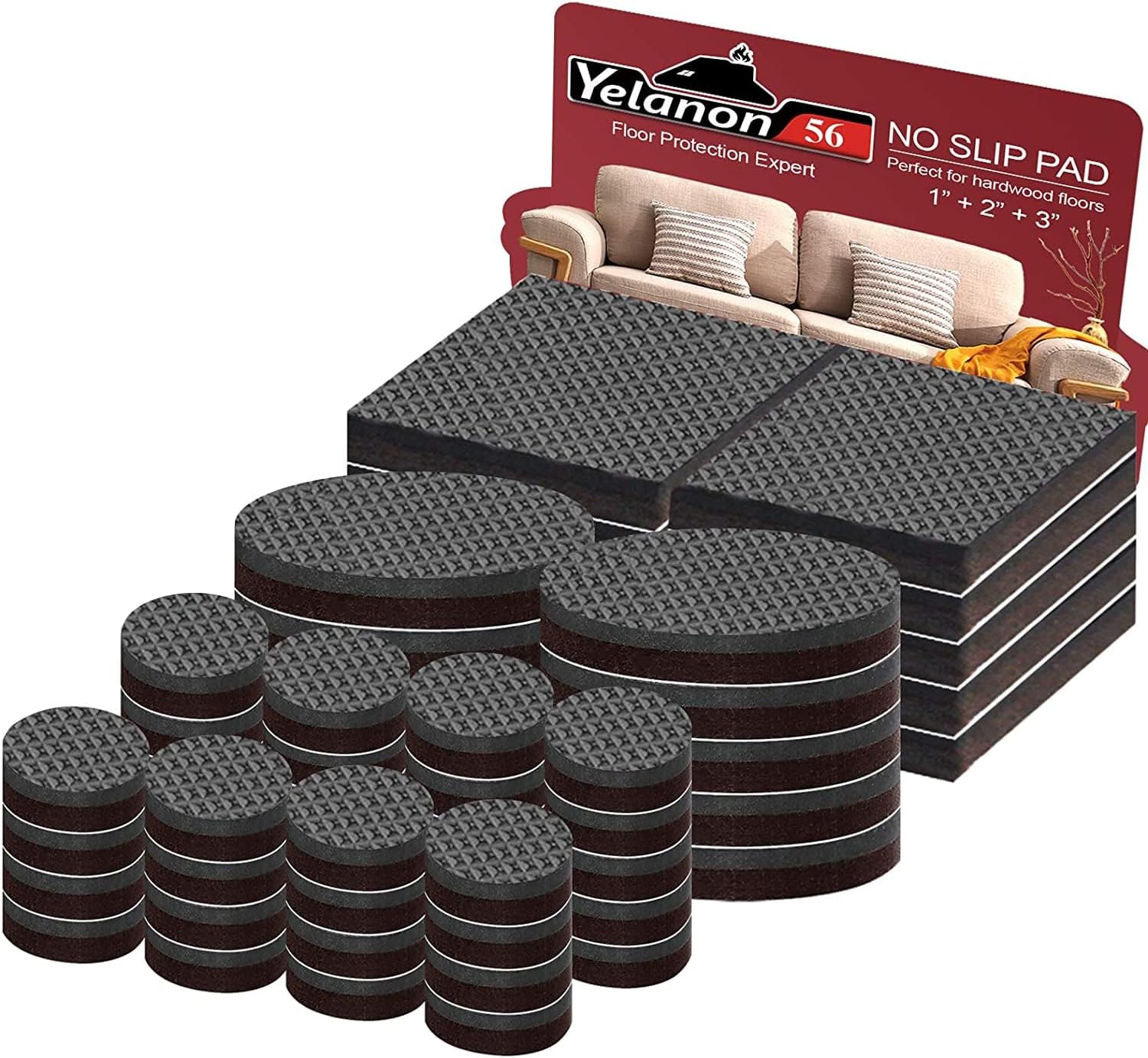 Yelanon Non Slip Furniture Pads -56 pcs(1+2)” Furniture Grippers, Non Skid Furniture Legs,Self Adhesive Rubber Furniture Feet, Anti Slide Furniture Hardwood Floor Protector for Keep Couch Stoppers