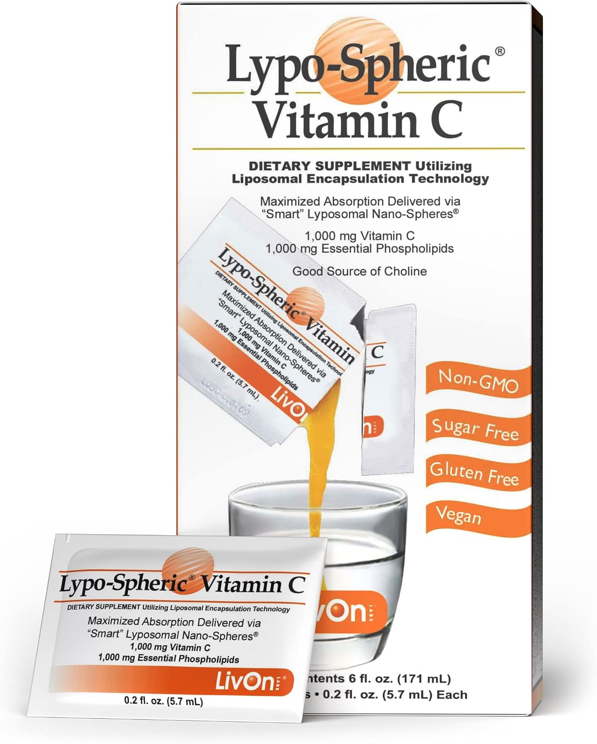 Lypo–Spheric Vitamin C – 1,000 mg Vitamin C & 1,000 mg Essential Phospholipids Per Packet – Liposome Encapsulated for Improved Absorption – 100% Non–GMO, 1 Carton, 0.2 Fl Oz (Pack of 30)