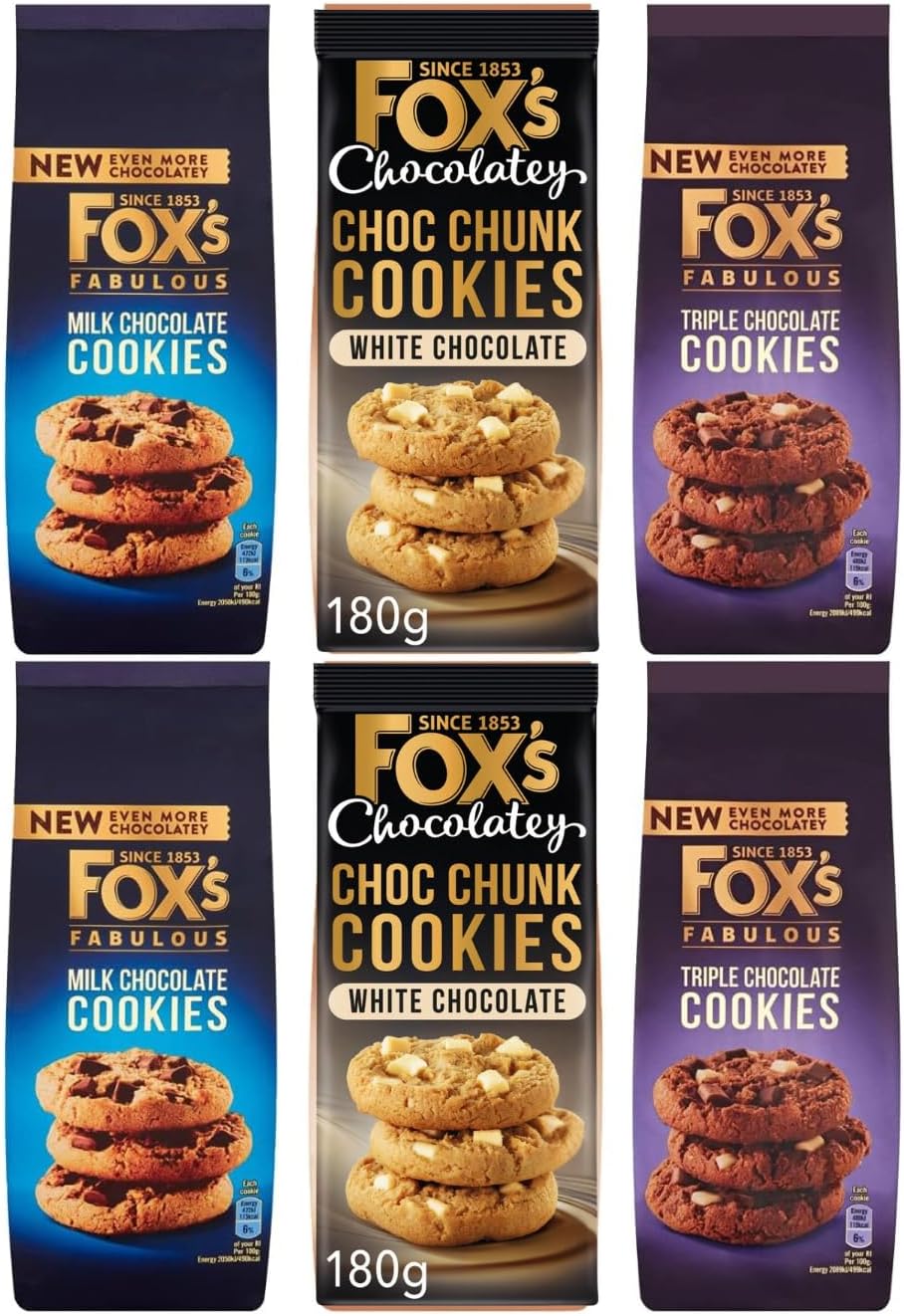 Fox's Fabulous Chunky Cookies 6 x 180g - Milk chocolate, white chocolate, triple chocolate