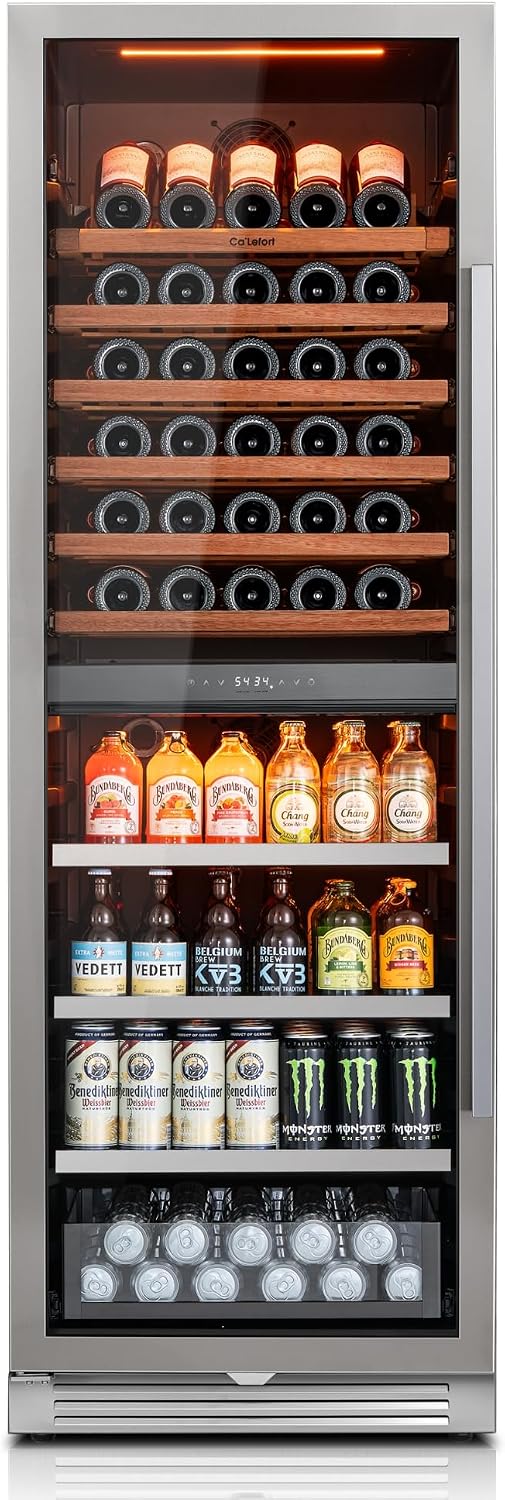 Ca'Lefort 24 Inch Wine and Beverage Refrigerator, 185 Cans & 77 Bottles | 69-Inch Tall Design, 40-65°F Control, Display Shelf, 3-Color LED, Energy Star, Glide-Out Shelves, Storage Drawer for Home