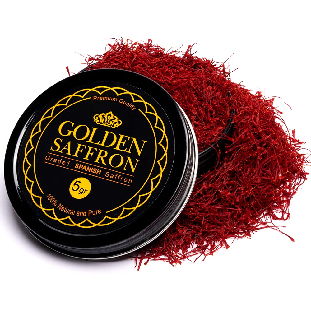 Golden Saffron, Premium Spanish Saffron Threads, Pure Red Spanish Saffron Spice Threads, For Culinary Use Such as Tea, Paella Rice, Risotto, Tachin, Basmati Rice (5 Grams)