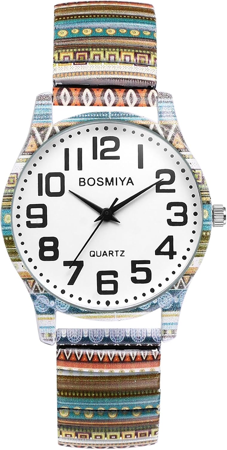 Oidea Stretch Band Watches for Women: Bohemia Flower Easy Reader Elastic Band Watch Large Face Big Number Analog Quartz Bracelet Watch Expansion Band Wristwatch