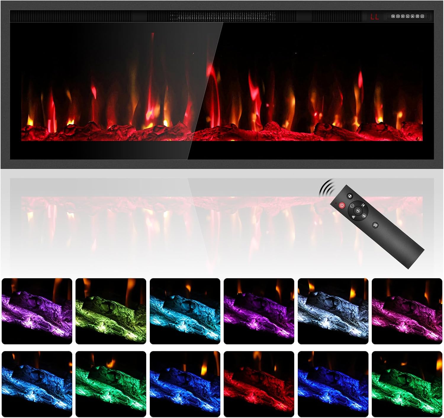 42" Electric Fireplace Heater, Wall Mount/Recessed, 1500W & 750W Modes, 7 Flame & 12 Ember Colors, Remote & Touchscreen Control, 8H Timer, 40dB Ultra-Quiet, UKCA/CE Certified Electric Fireplace
