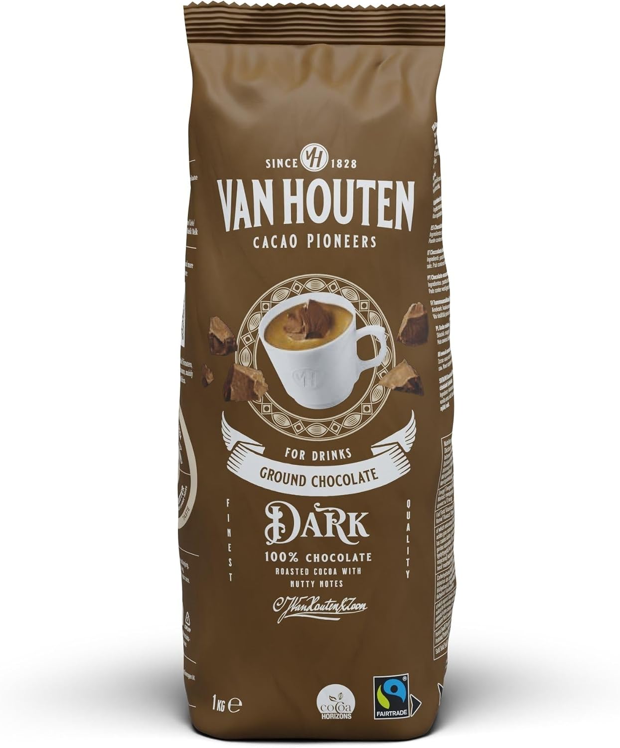 Van Houten Dark Ground Chocolate 1kg – 100% Chocolate for Hot or Cold Drinks