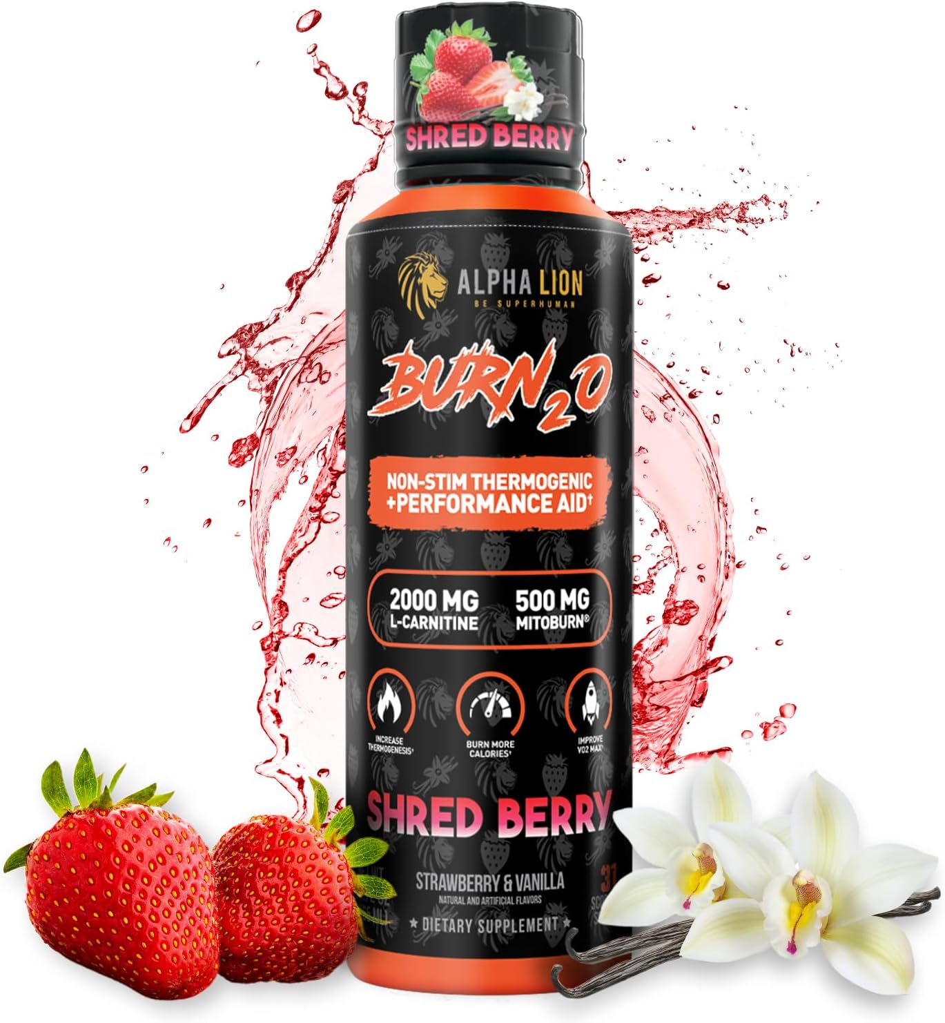 ALPHA LION Burn 20 L-Carnitine Liquid 2000mg, Premium Liquid Fat Burner & Pre-Workout Supplement for Men & Women - Natural Energy & Metabolism Booster for Weight Loss - ShredBerry