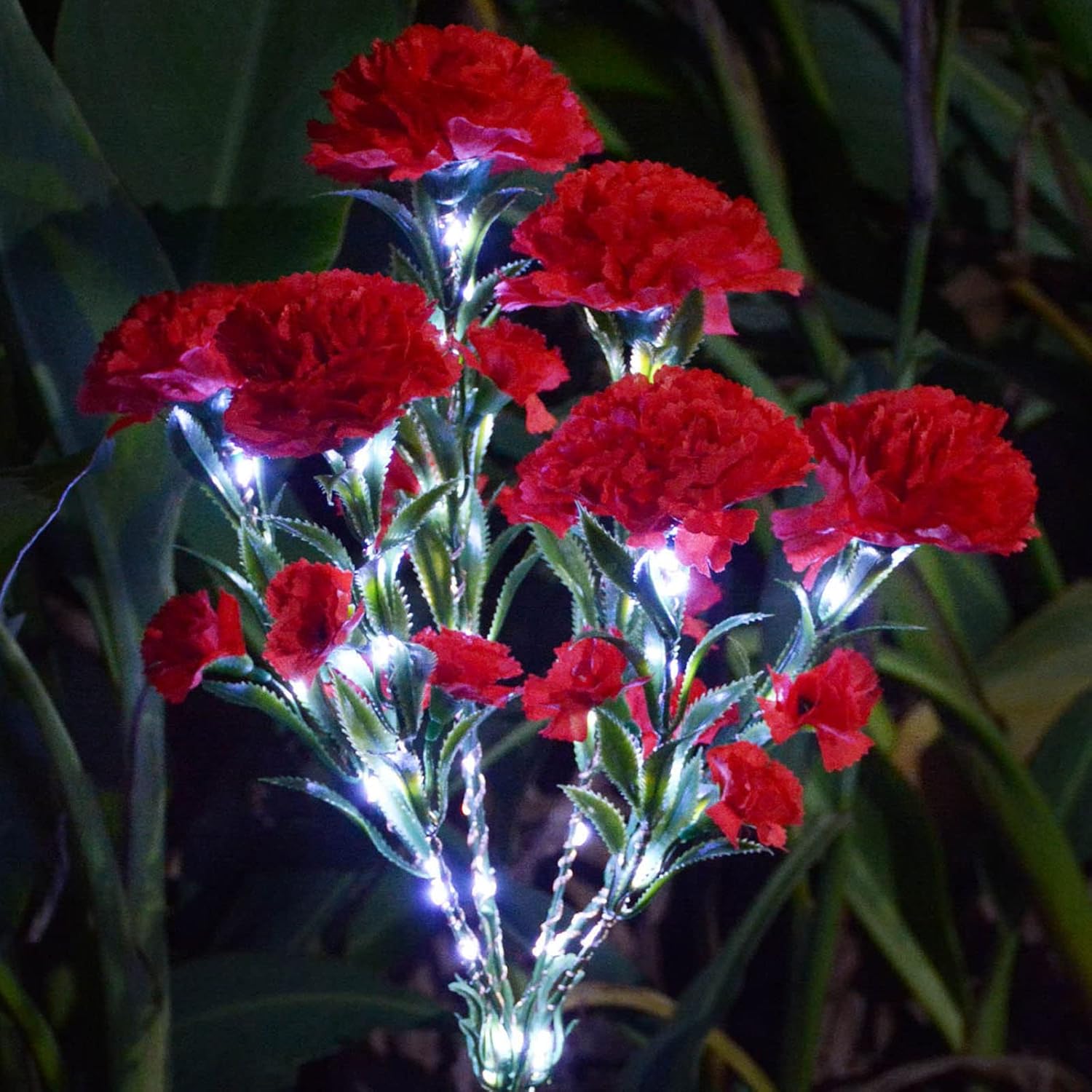 Red Artificial Carnations Solar Flower Lights for Outdoor Garden Decorations, 21 Lighted Stake Waterproof Lawn Decor for Yard, Patio, Cemetery, Grave