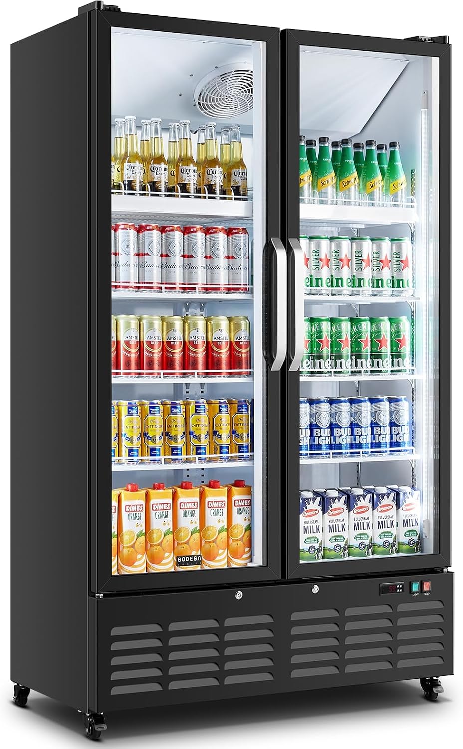 BODEGACOOLER Commercial Refrigerator, 27.02Cu.Ft Glass Door Beverage Cooler | Upright Double Door Merchandiser Display Refrigerator with Soft LED Light, Adjustable Shelves, 4 Heavy-Duty Casters