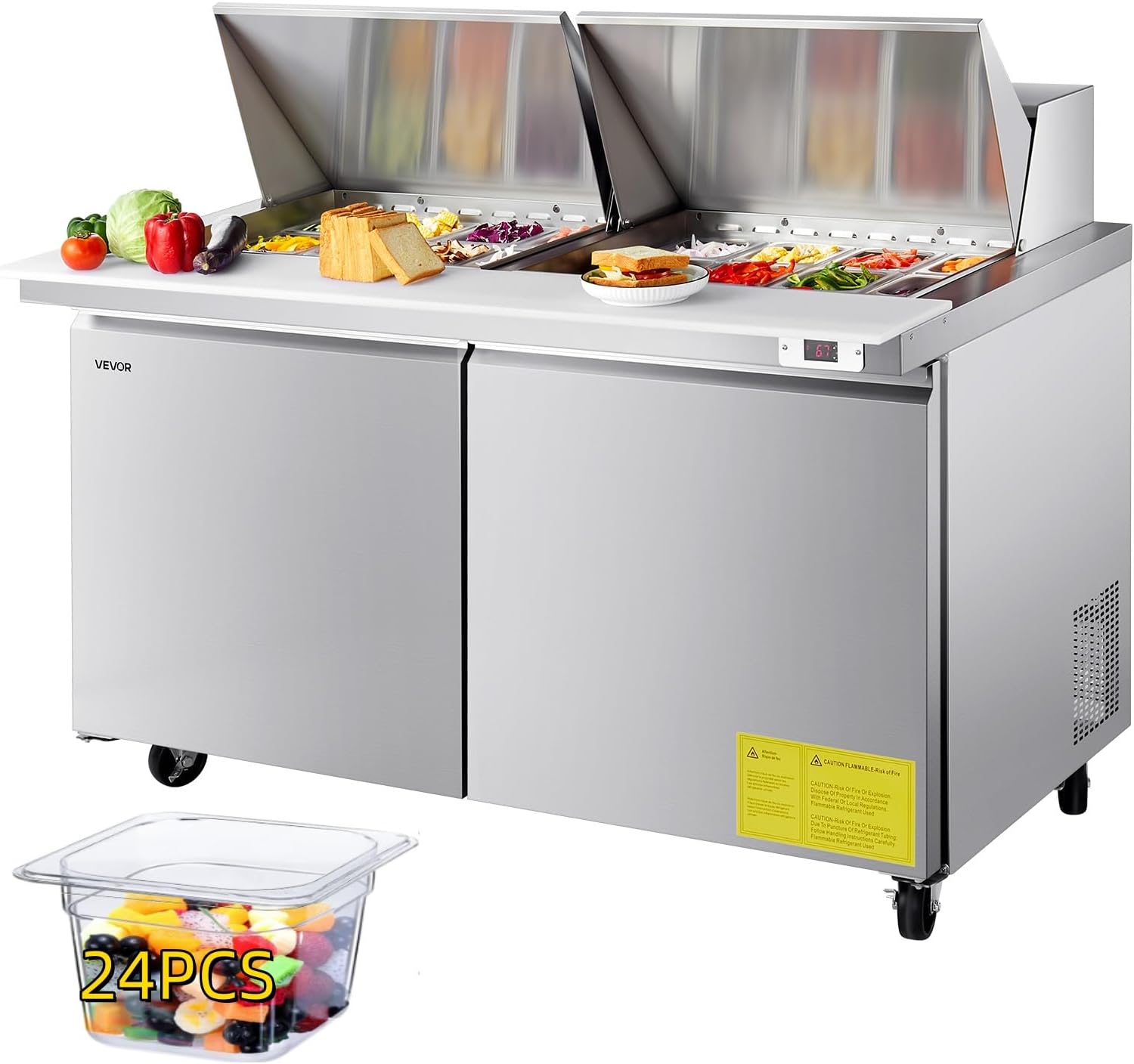 VEVOR 60"W Commercial Refrigerator, 15.4 Cu. Ft Sandwich Prep Refrigerated Table, Mega Top Food Prep Fridge with 24 Pans and Cutting Board, Stainless Steel Salad Prep Cooler for Restaurant, Food Truck
