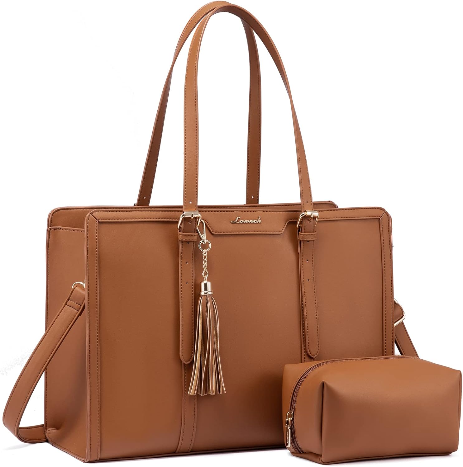 LOVEVOOK Laptop Tote Handbags for Women 15.6 inch Work Bags for Women Leather Ladies College Teacher Bag Large Shoulder Cross Body Bag Waterproof for Office Business School Shopping Travel Brown