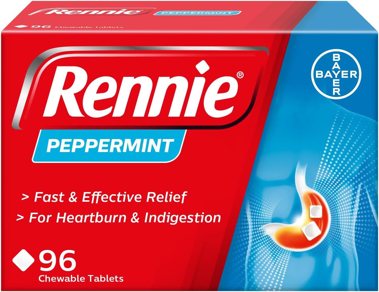 Rennie Peppermint Flavour Antacid, Heartburn and Indigestion Chewable Tablets, 1 Pack of 96 Tablets - Gets to Work in 60 Seconds for Fast and Effective Heartburn Relief