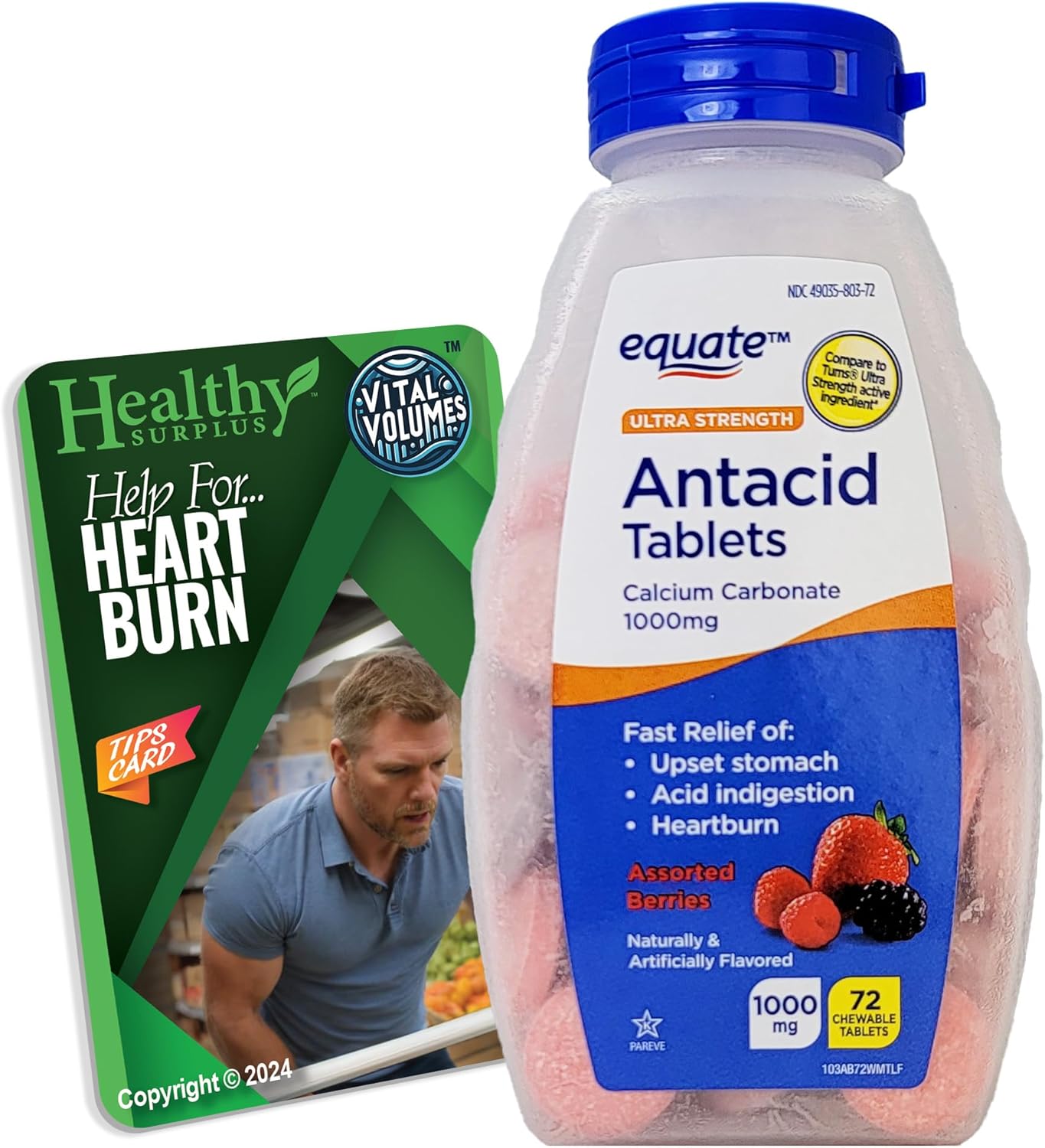 Ultra Strength Antacid Tablets - Calcium Carbonate 1000mg - 71 Chewable Tablets Assorted Berries and Vital Volumes Tips Card Bundle