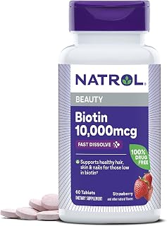 Natrol Beauty Biotin 10000mcg, Dietary Supplement for Healthy Hair, Skin, Nails and Energy Metabolism, 60 Strawberry-Flavored Fast Dissolve Tablets, 60 Day Supply