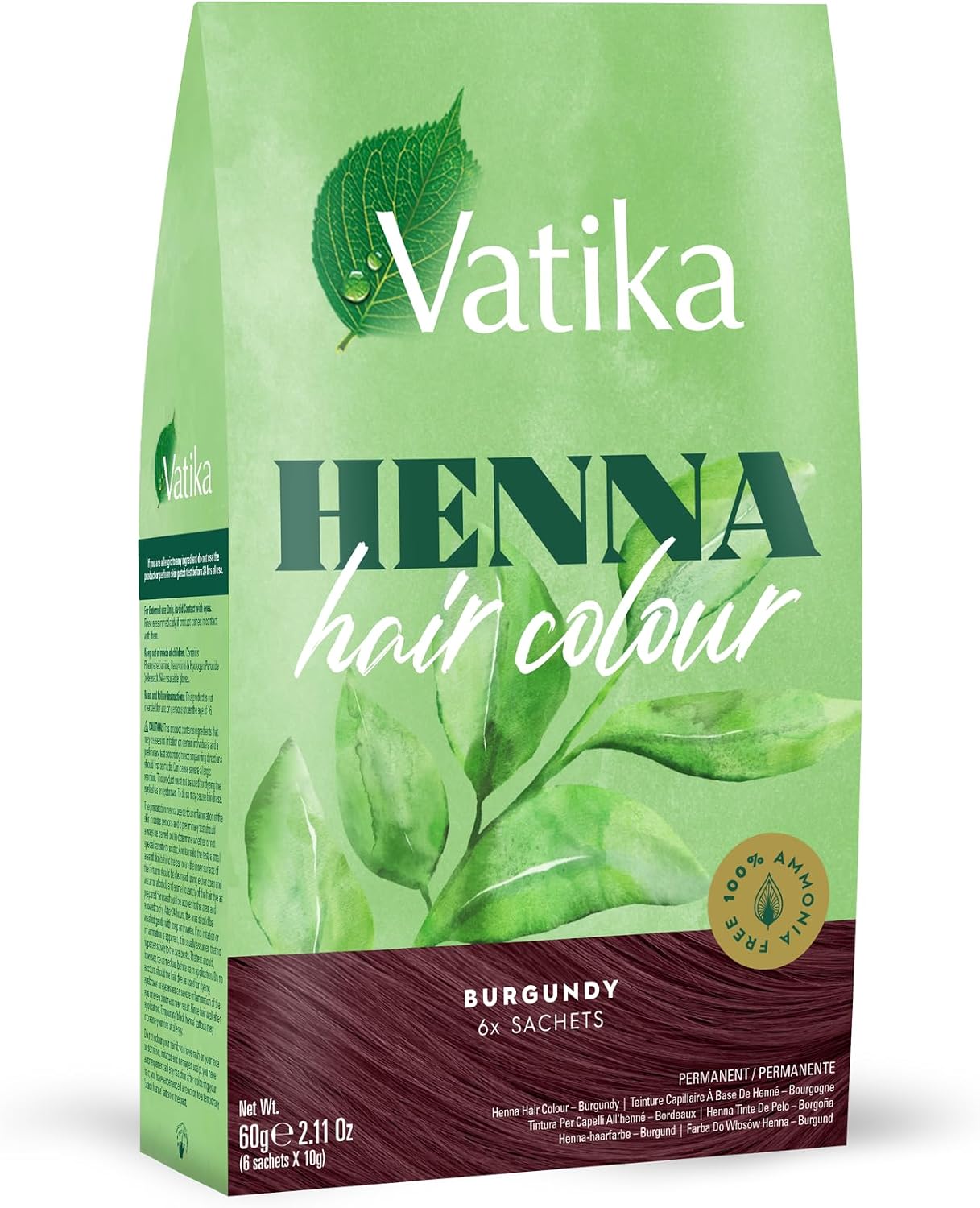 Vatika Naturals Henna Burgundy Hair Colours - 60g (6 x 10g Sachets),100% Ammonia Free, For Vibrant Color, Shine, & Coverage (Packaging May Vary)